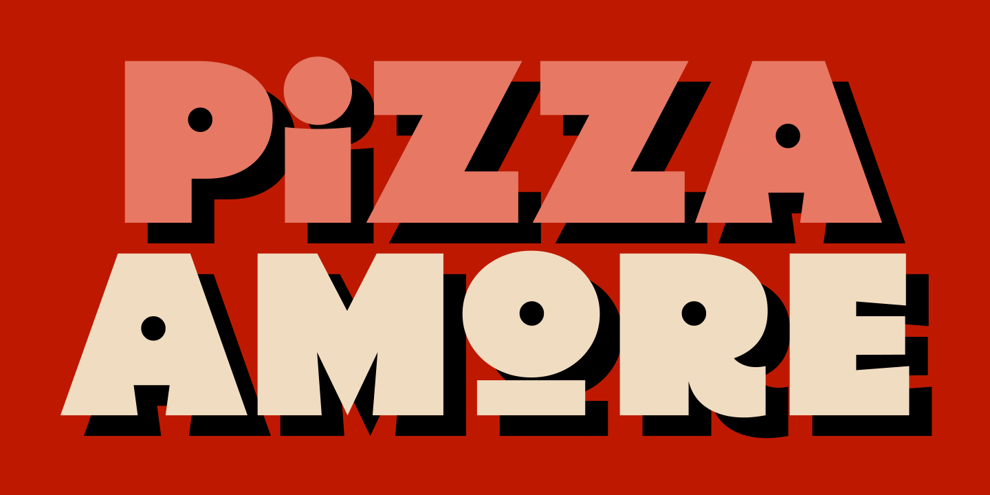 Bold, stylized text saying 'Pizza' in pink and black and 'AMORE' in cream and black on a red background.