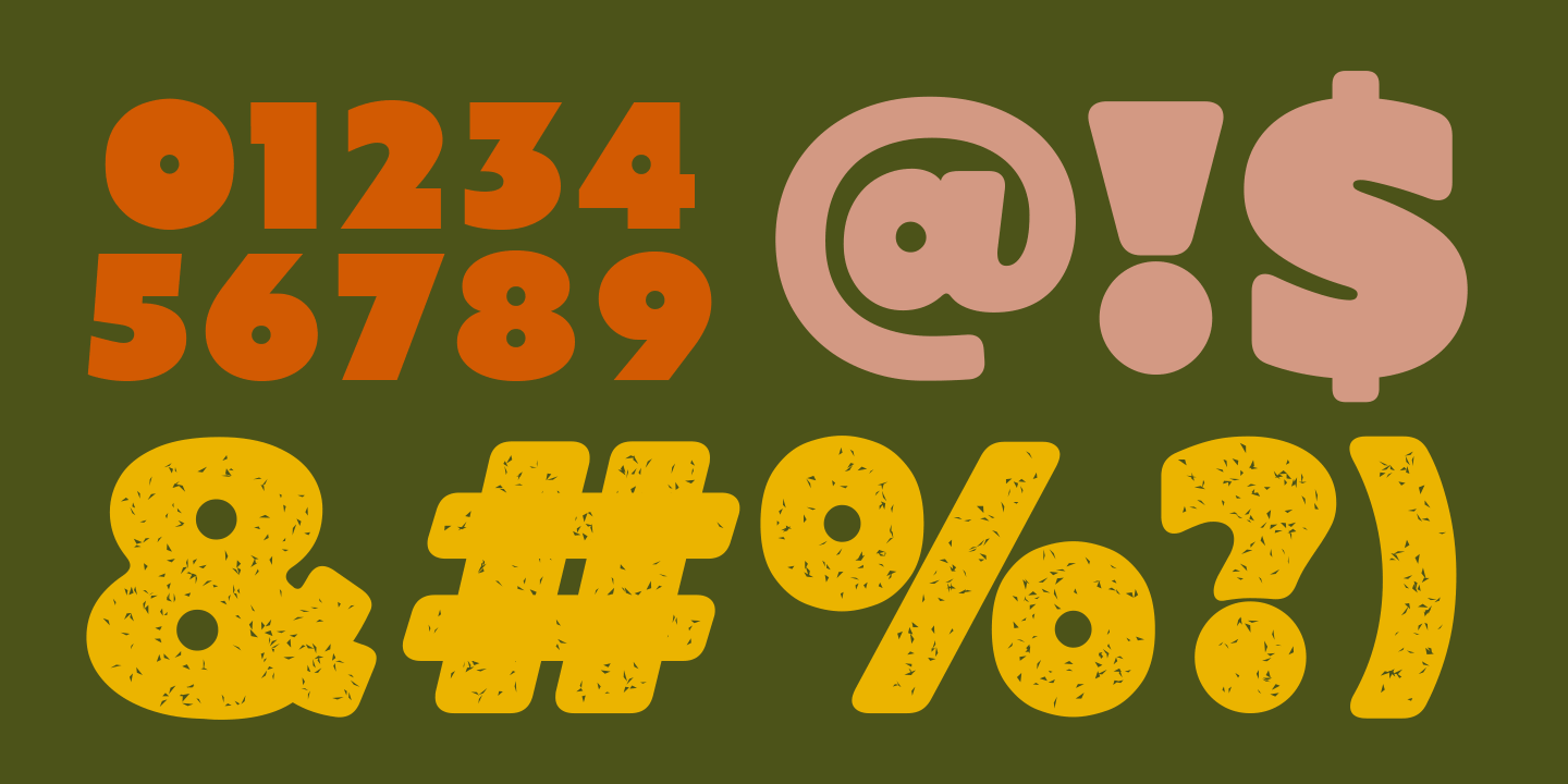 A colorful image with the numbers 0 to 9 in orange, pink, yellow, and black colors, alongside symbols including an at sign, exclamation point, dollar sign, asterisk, hashtag, percent symbol, question mark, and parentheses, all on a dark green backgro
