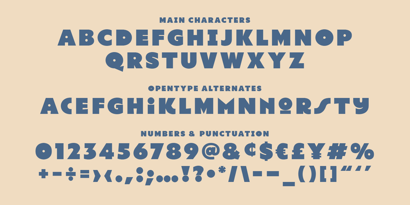 An image displaying a font style guide with main characters, OpenType alternates, and numbers & punctuation. The font is bold and rounded, shown in blue on a beige background.