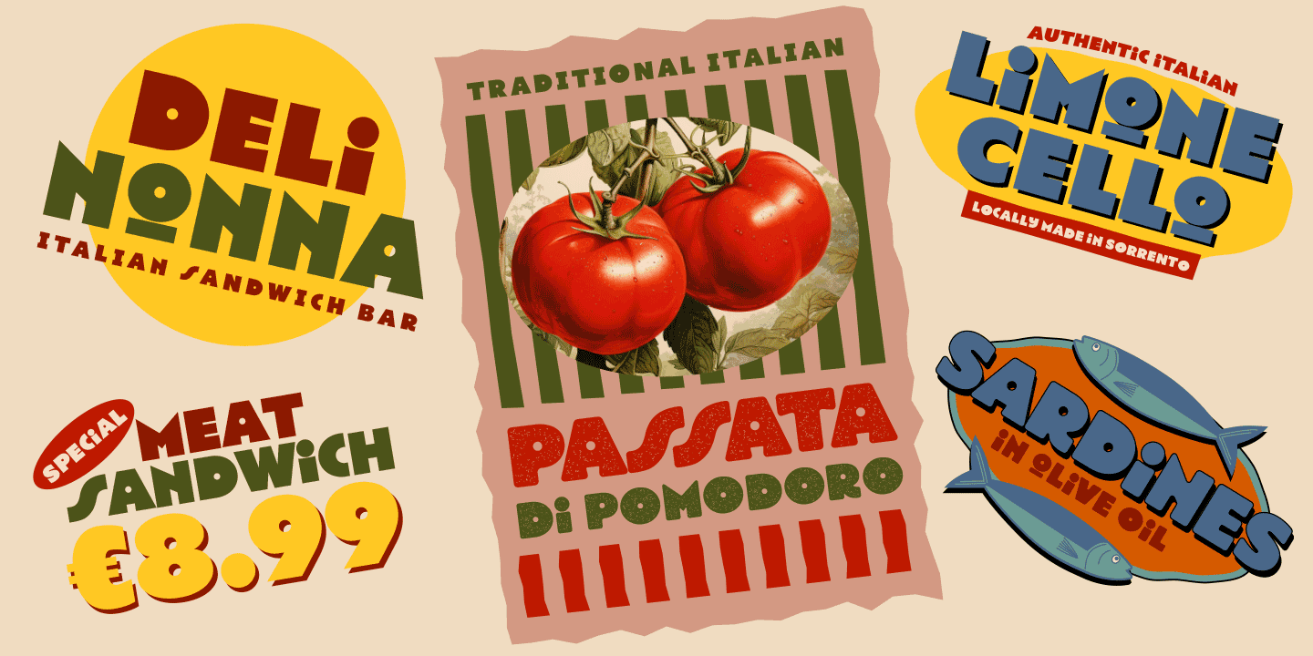 Colorful illustrated advertisement features Italian food items including a deli nonna Italian sandwich bar, traditional Italian heirloom tomatoes, lamb loin cello locally made in Sorrento, passata di pomodoro, and sardines in olive oil, with prices a