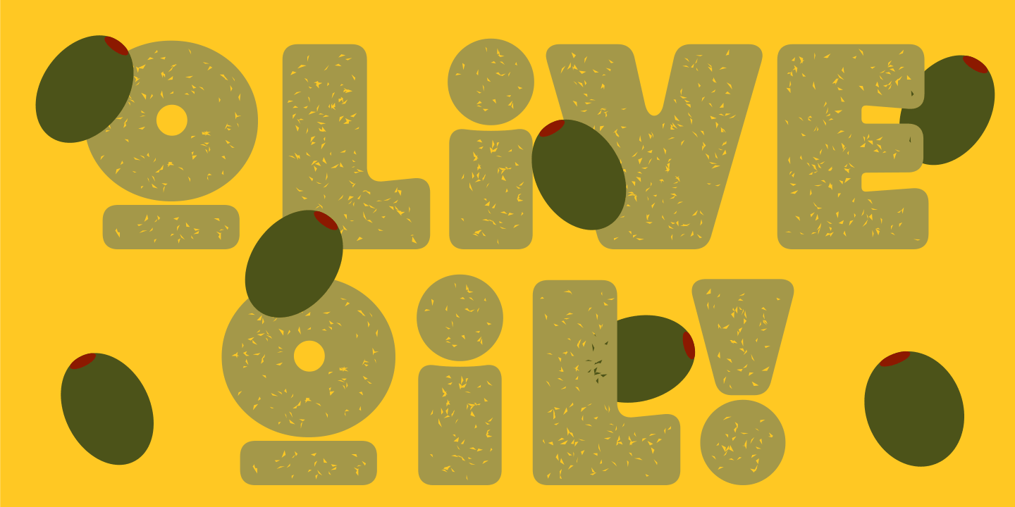 Text saying 'LOVE OIL!' with several black olives scattered around on a yellow background.