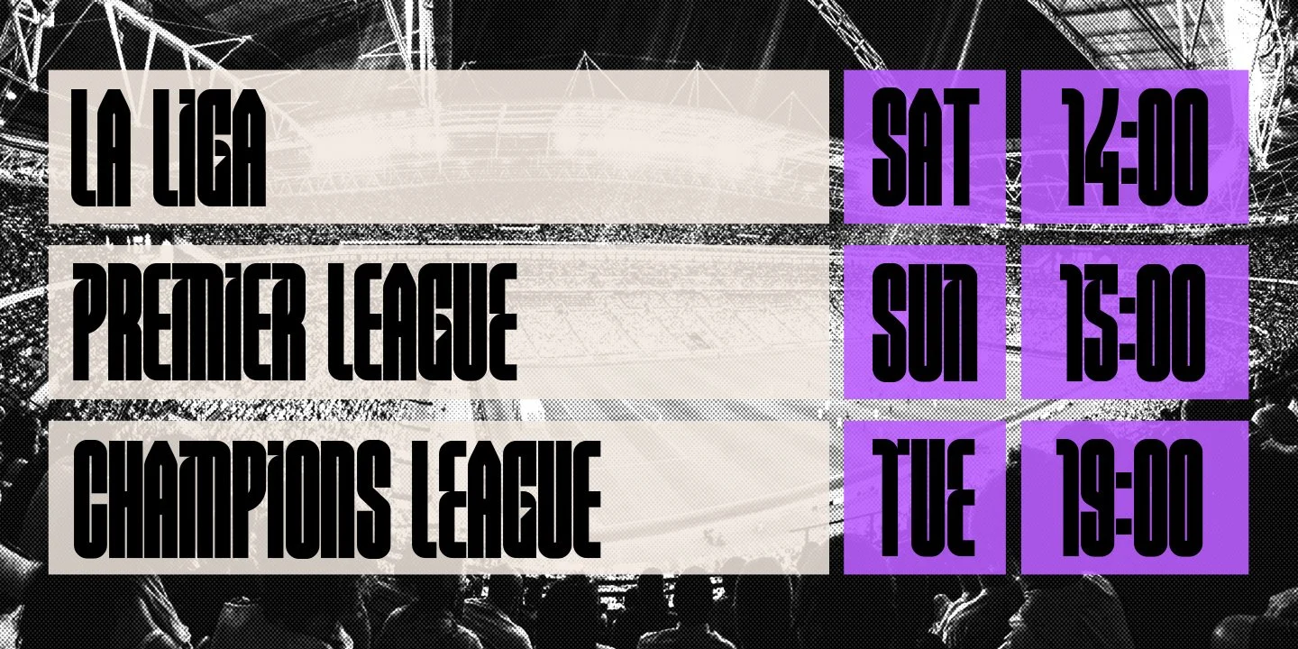 Schedule of upcoming soccer matches for different leagues, including La Liga, Premier League, and Champions League, with dates and times listed in purple squares.