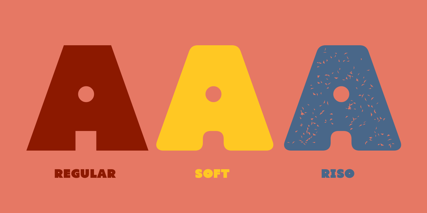 Illustration showing three large, colorful letters A, A, and A with different textures and labels: 'Regular' in brown for the first, 'Soft' in yellow for the middle, and 'Riso' in blue with a pattern for the third, all on a pink background.
