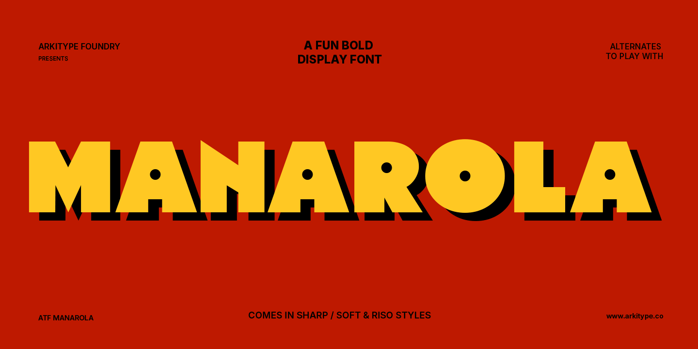 Graphic design poster with a red background promoting a bold display font called Manarola by Arkitype Foundry, with the name 'MANAROLA' in large yellow letters and black shadow, surrounded by smaller text about the font styles, alternates, and websit
