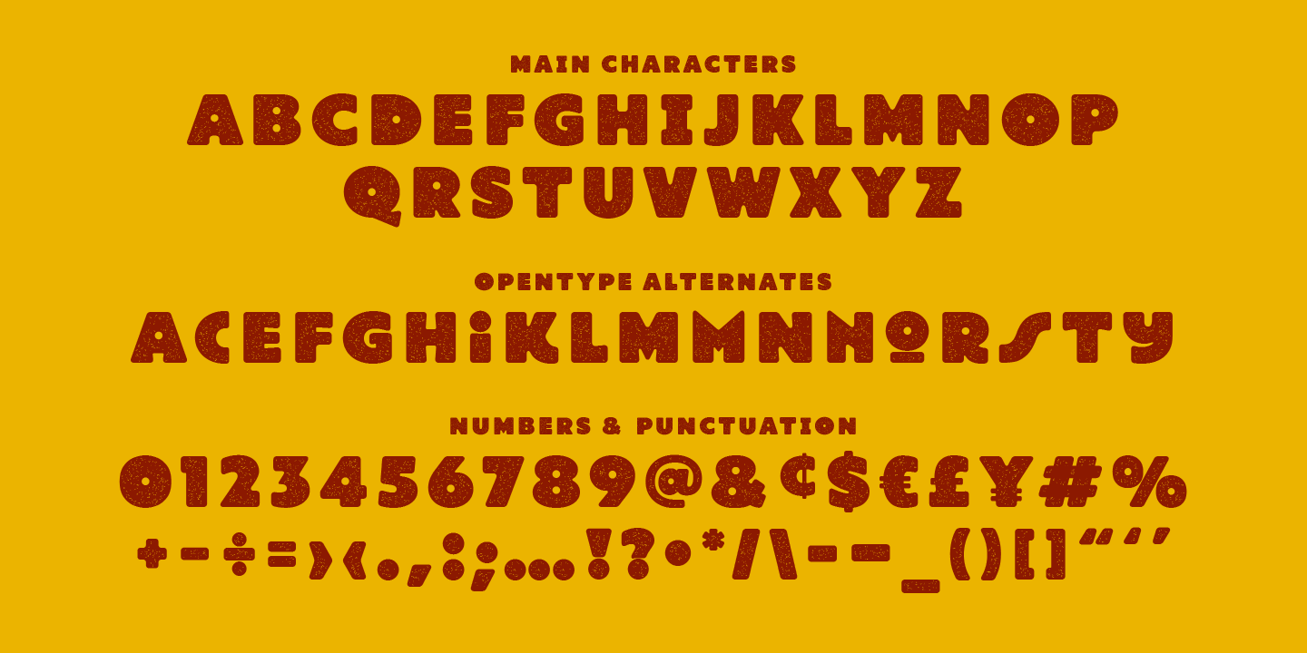 The image displays a character set with three categories: main characters, openType alternates, and numbers with punctuation. The main characters include the uppercase alphabet in bold, distressed brown font on a yellow background. The openType alter