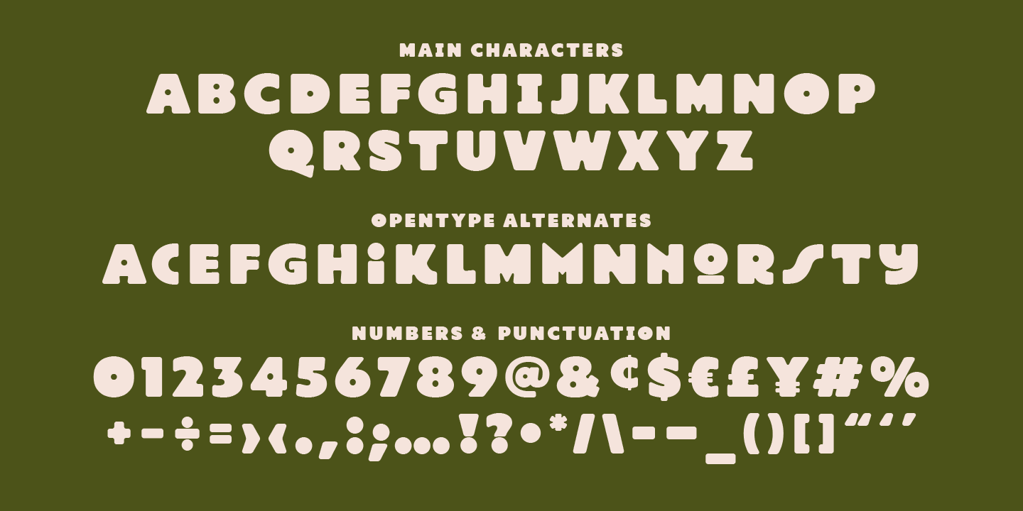 Sample of a typeface showcasing main characters, OPENTYPE alternates, and numbers & punctuation on a green background.