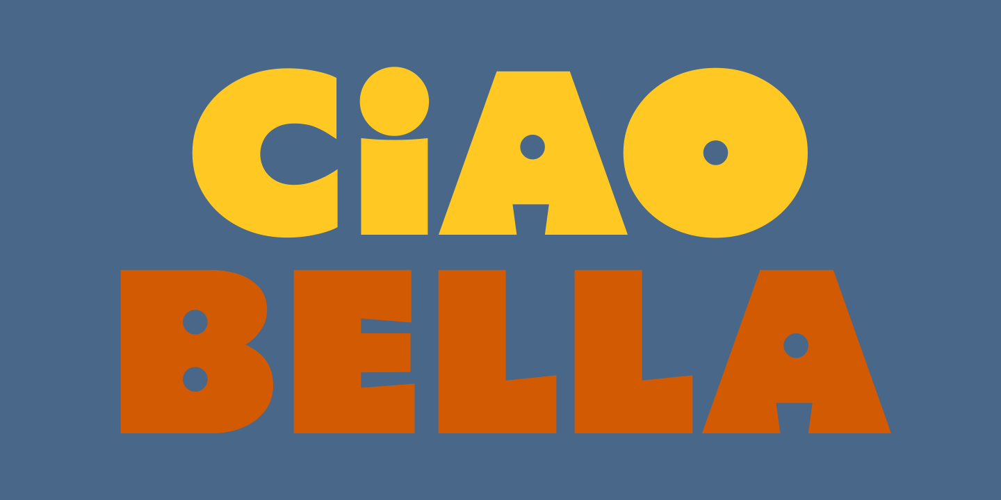 Colorful logo with the words "Ciao Bella" in large, block letters on a dark blue background.