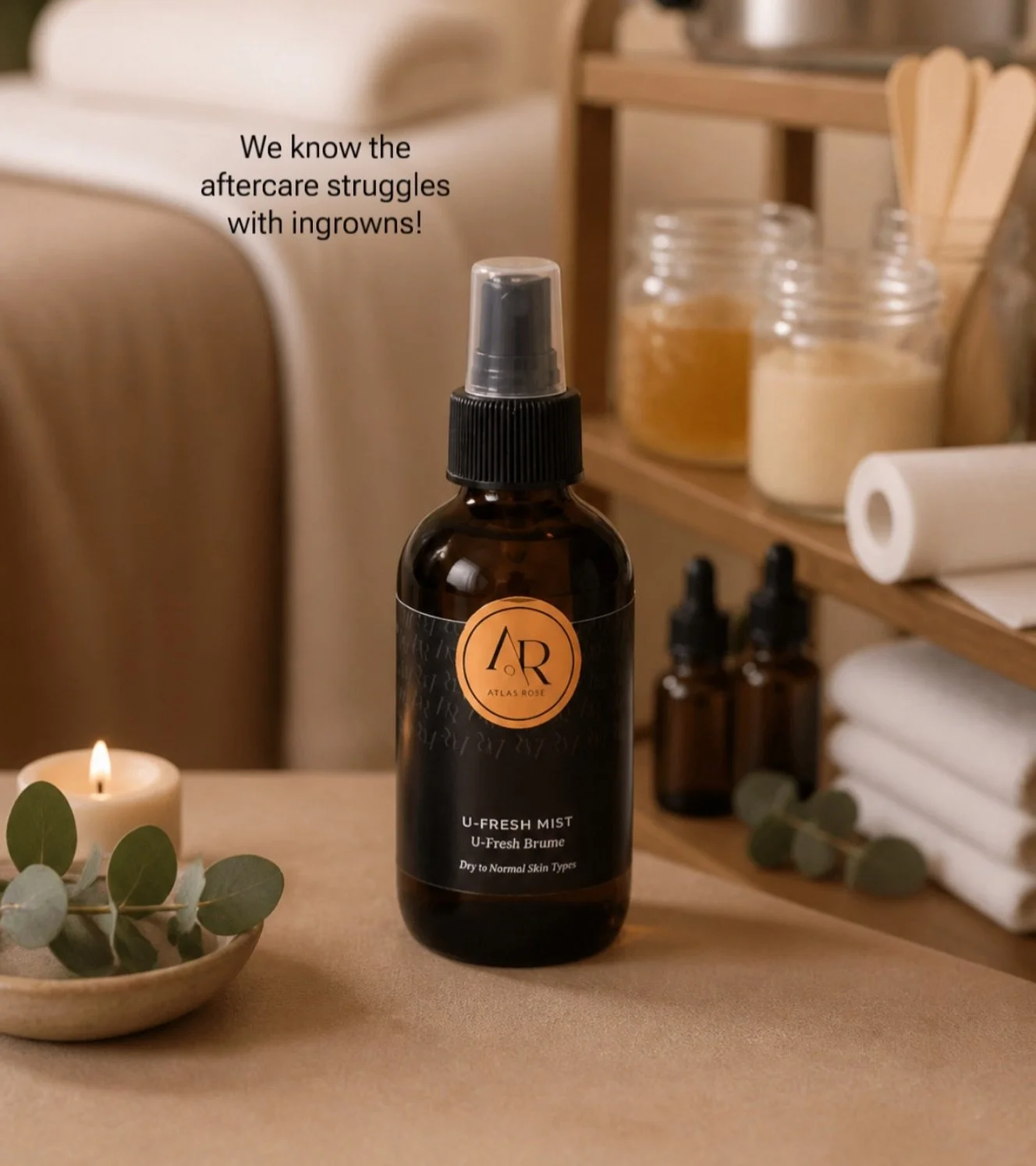 We know the aftercare struggle &mdash; redness, irritation, and those pesky ingrown hairs. 

U‑FRESH MIST is a gentle pH-neutralizer for intimate areas and post-treatment care (waxing/sugaring). Infused with Lavender &amp; adaptogens plus witch hazel
