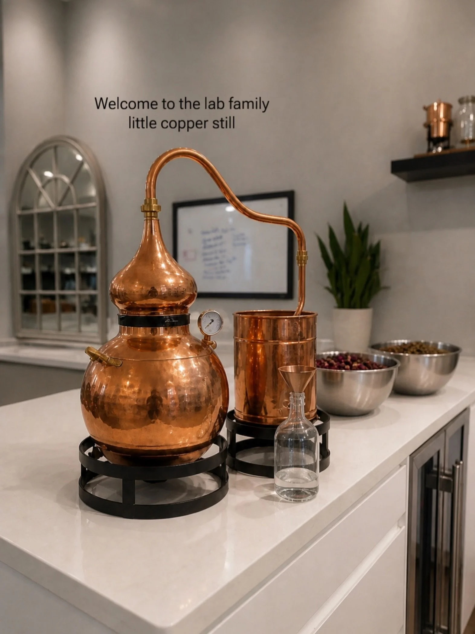 Introducing our copper alembic still. We&rsquo;ll perform controlled, in‑house batch hydrodistillation of certified‑organic botanicals &mdash; rose, calendula, green tea, chamomile, and rosehip &mdash; to generate hydrosols and concentrated extracts 