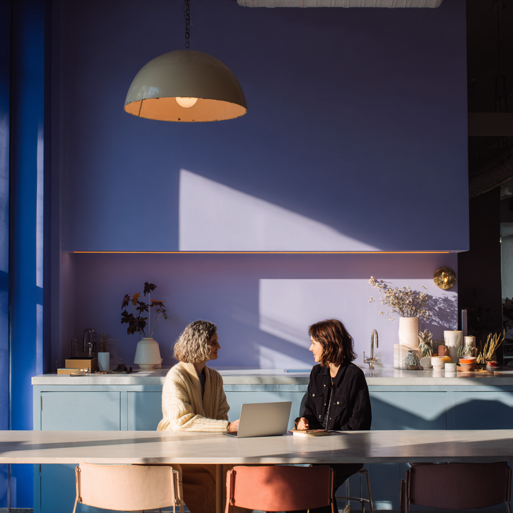 two women sat in a room long shot purple tone.png