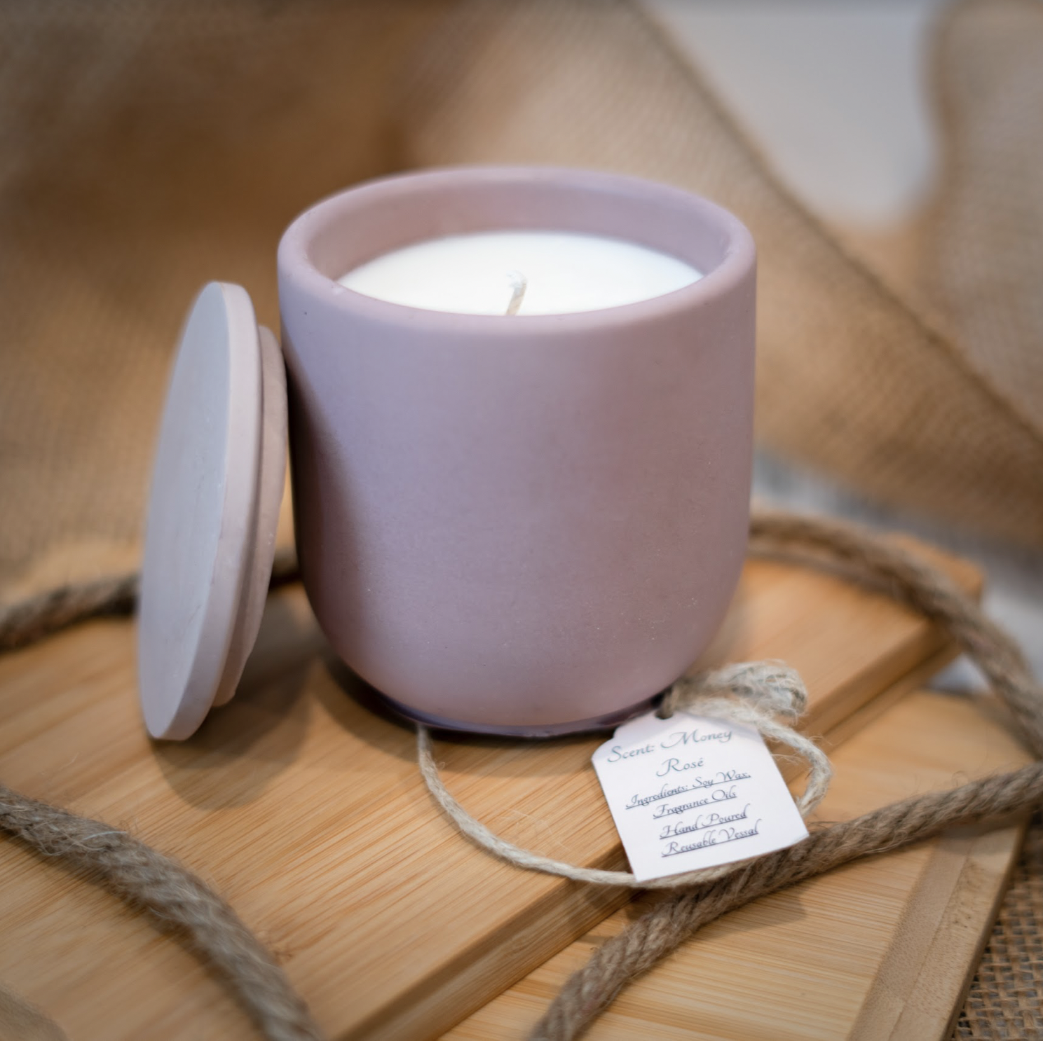 Money Rosé Reusable Vessel Tied with Hemp Material Lavender Colored Vessel