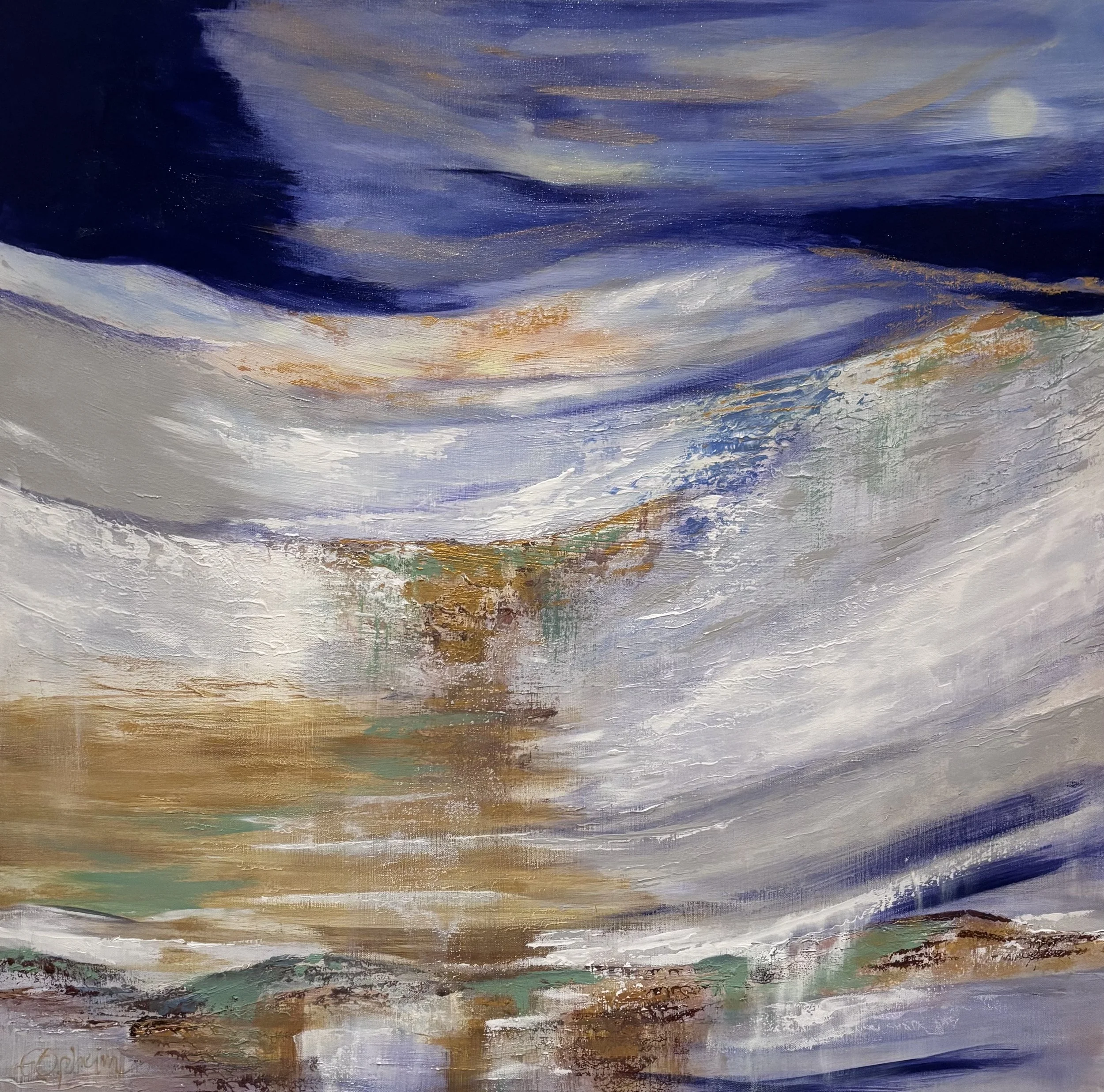 Stille rytmer 80x80, akryl med gulldetaljer, 
kr 7500