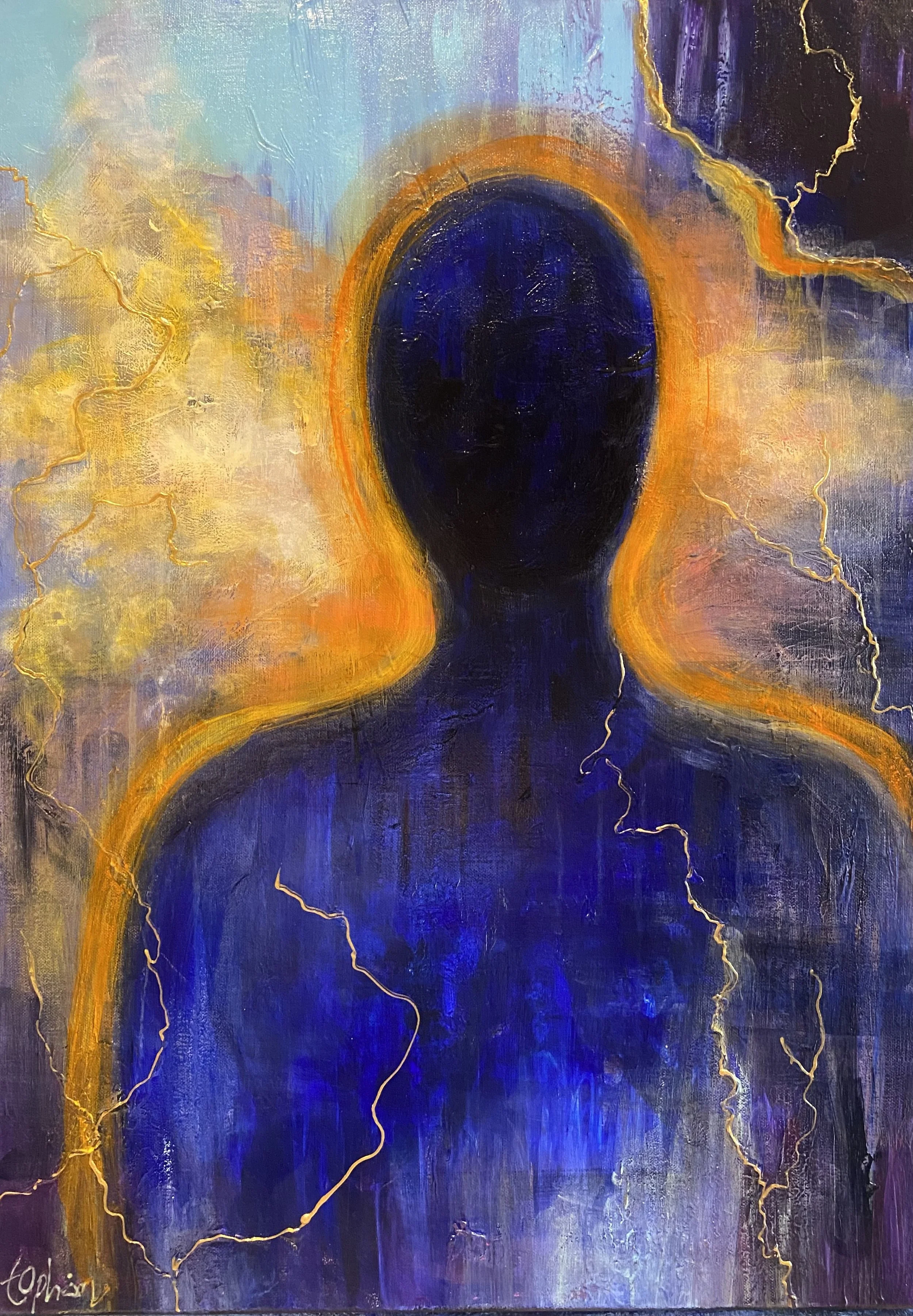Happiness in front, 70x50, akryl og gulleffekter,pris på forespørsel
