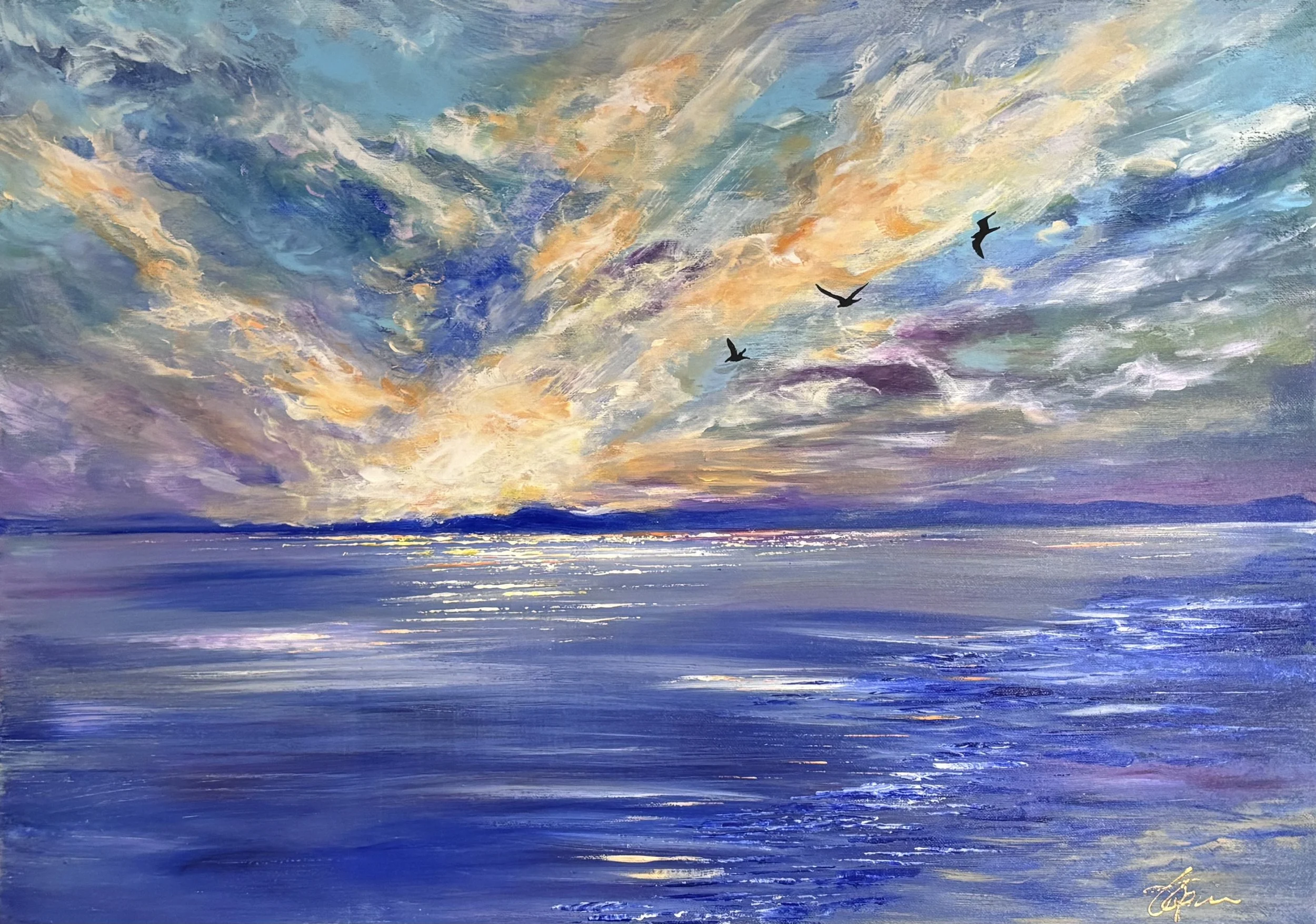 Inn i kveldshimlen, 50x70 cm, akryl, kr 5000