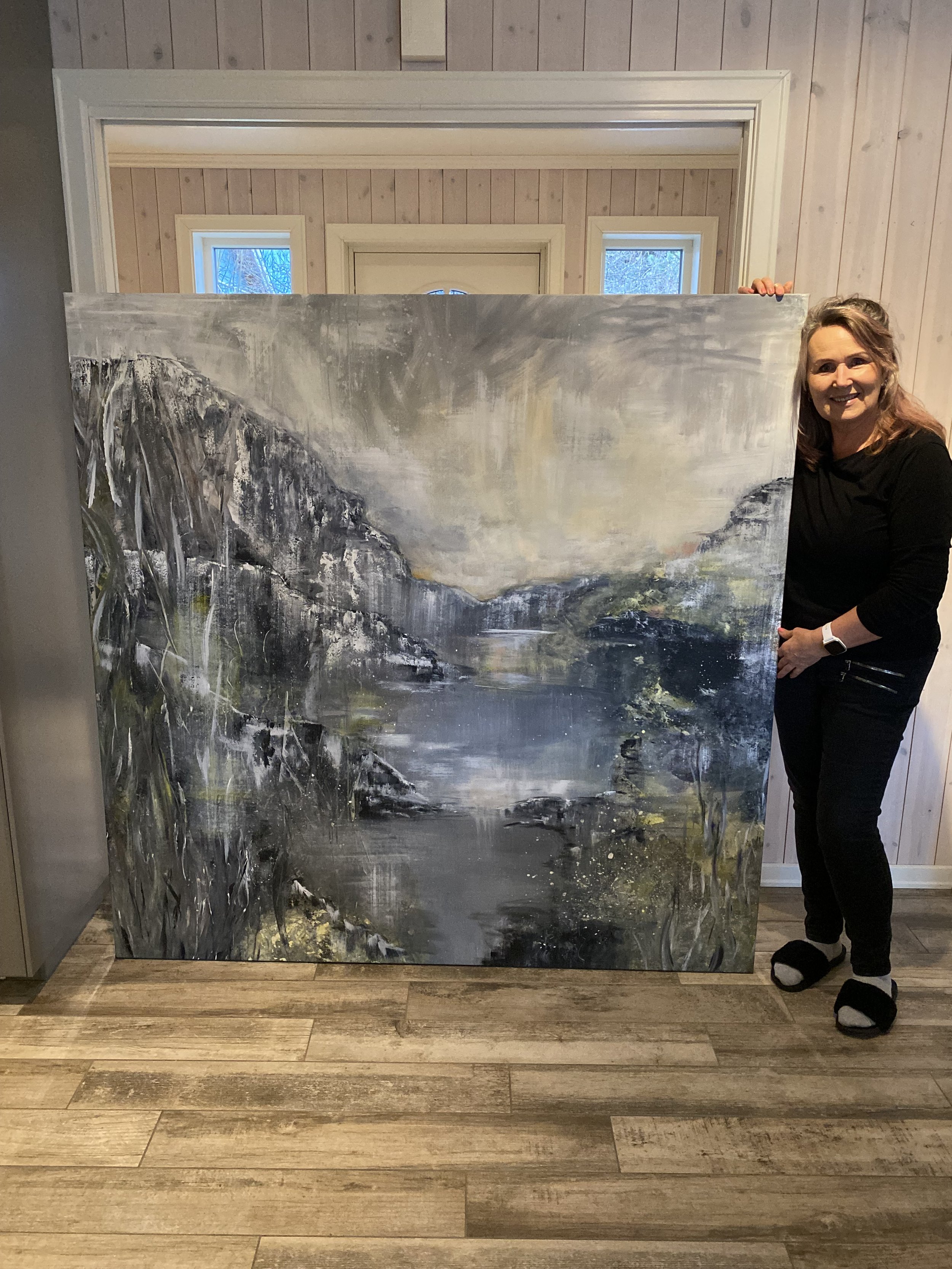 Morgengry 160x160cm, akryl på lerret, alu ramme.