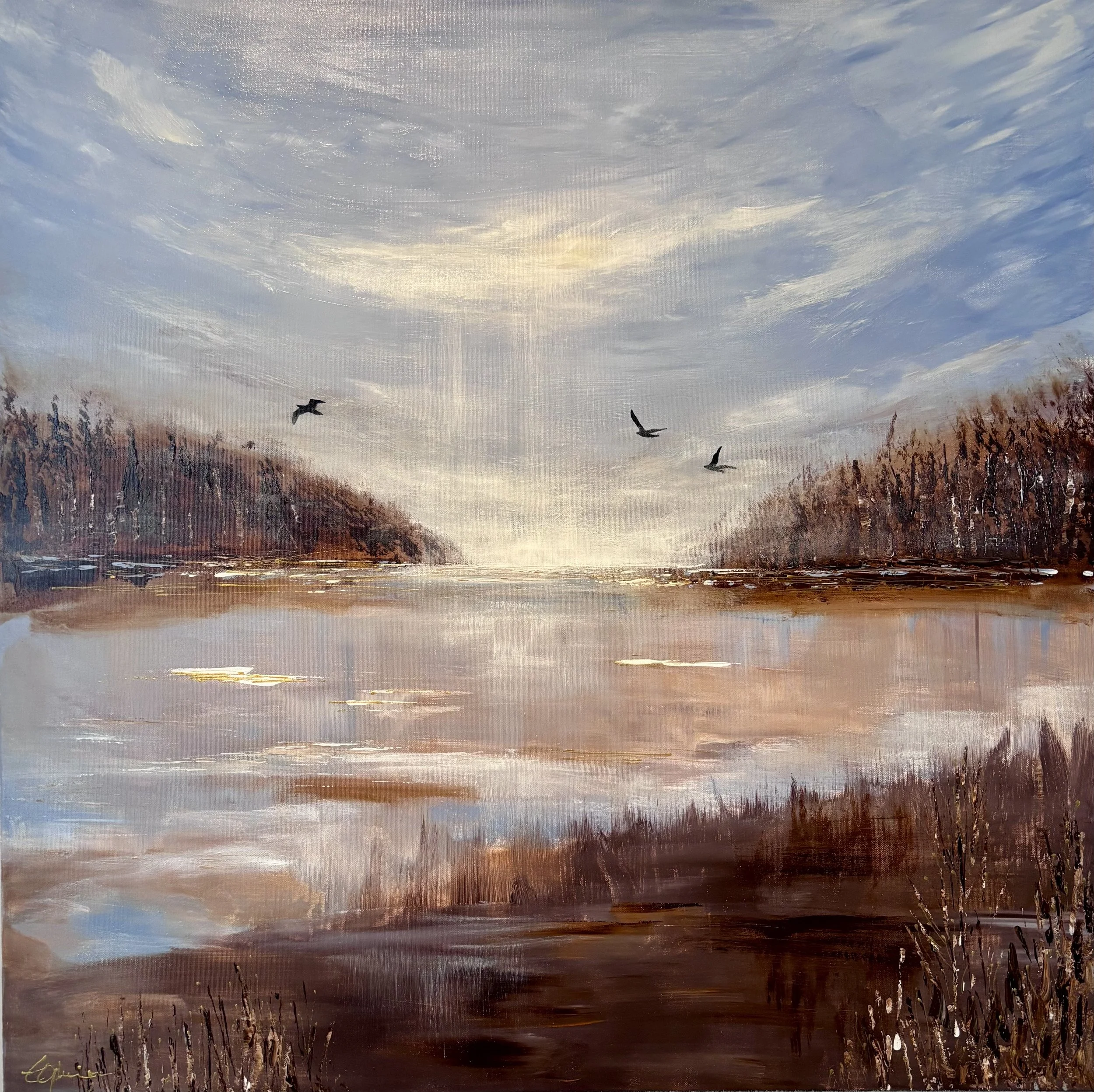 Levende Stillhet  80x80, akryl med gulldetaljer, kr 7500