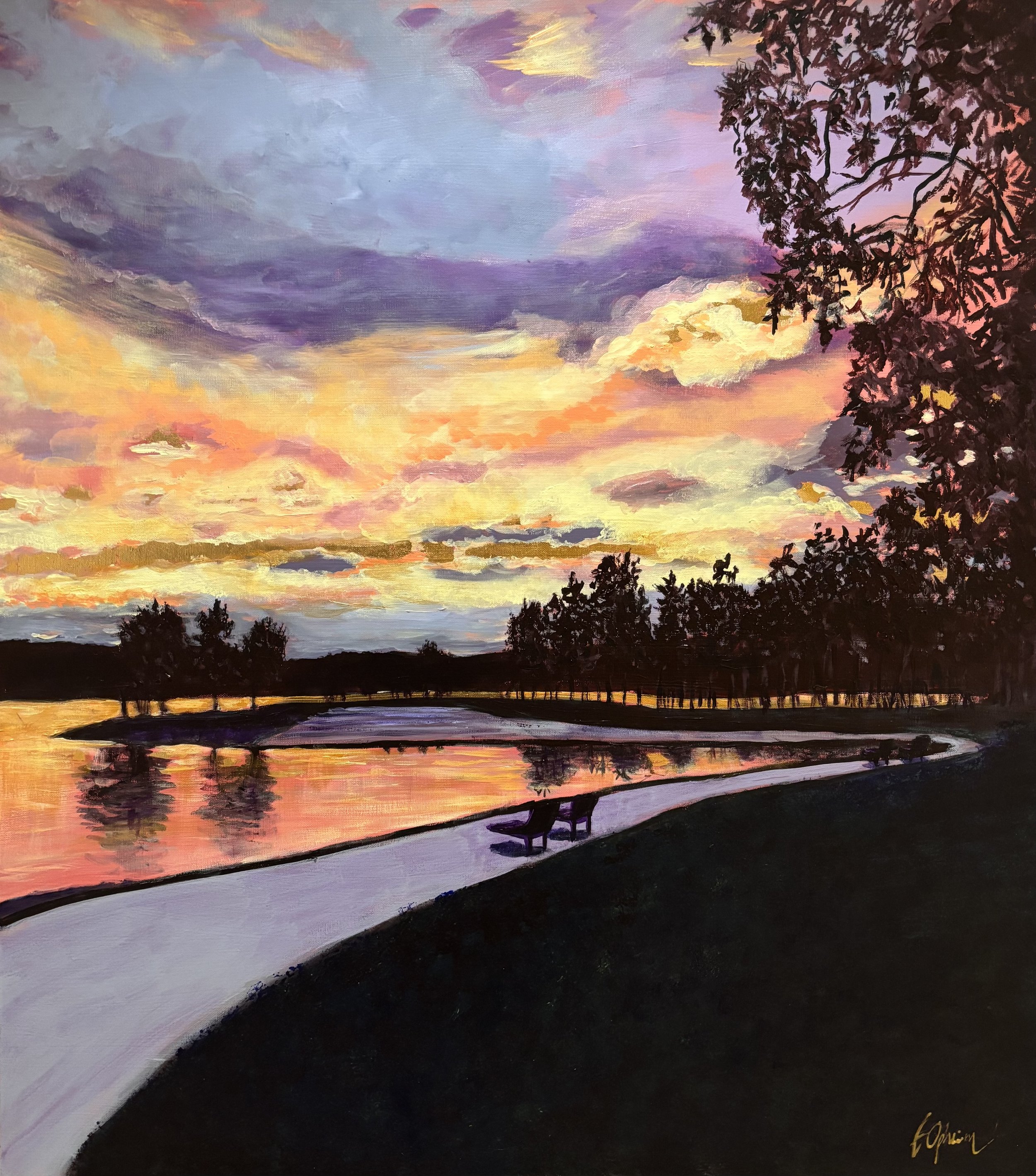Mjøsparken en sommerkveld, 90x80cm, akryl og bladgull