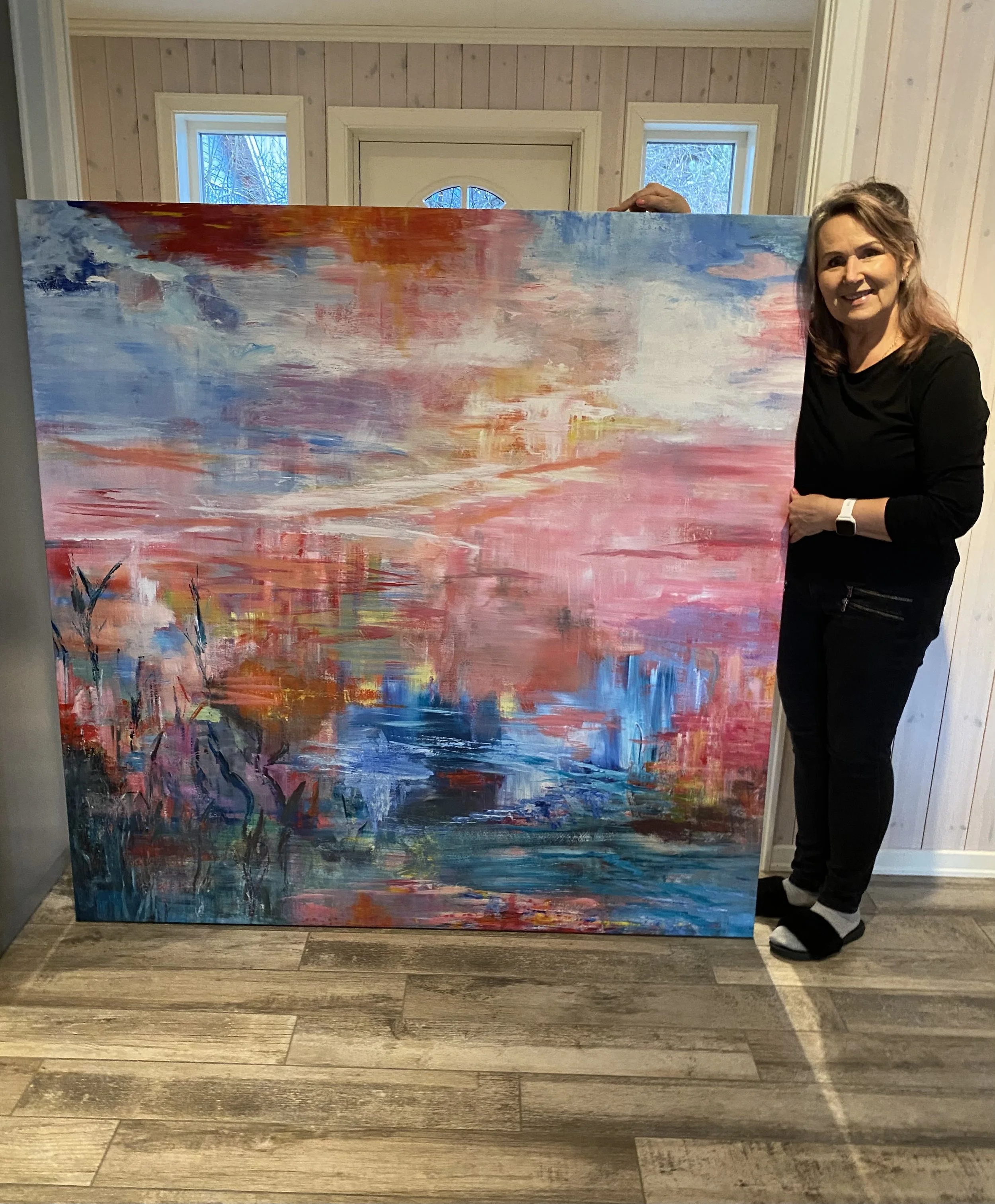 Solnedgang 160x160cm, akryl på lerret, alu ramme. 