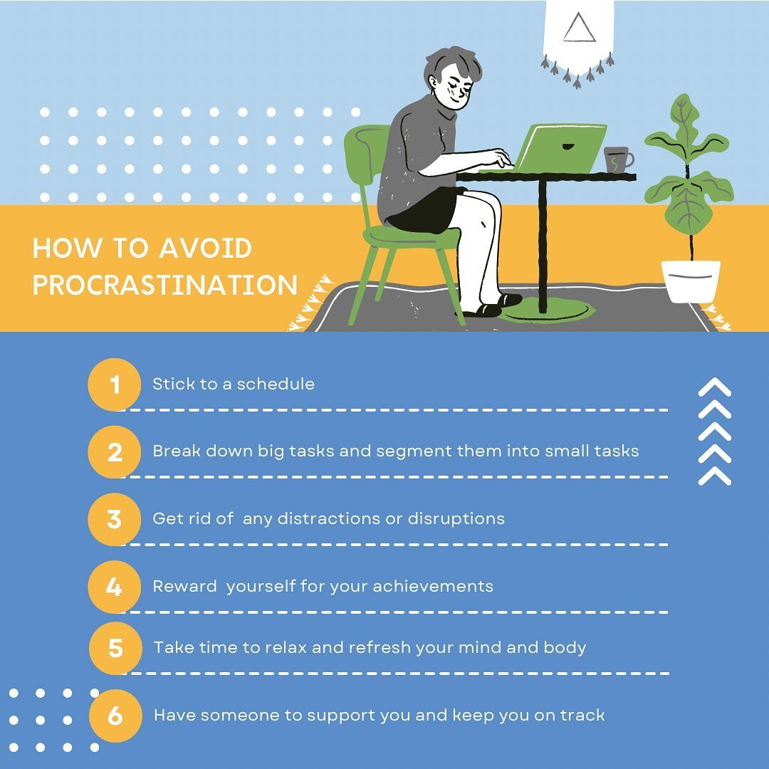 As the assignments and tasks 📚 begin to flood in it&rsquo;s crucial to avoid procrastination. It is important to acknowledge when we procrastinate and understand why we are doing so and tackle it as soon as possible. Here are 6 steps to avoid procra