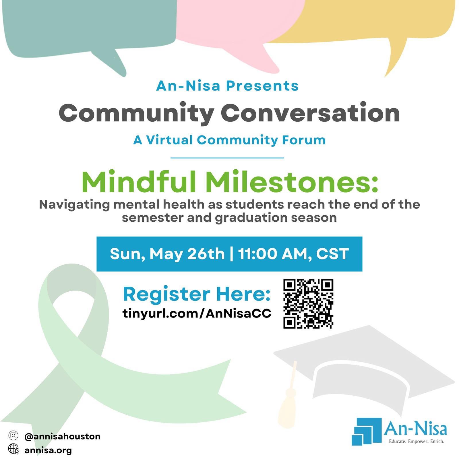 Join us for a thoughtful community discussion tailored specifically for students approaching the end of the semester and graduation season. Our event, &ldquo;Mindful Milestones,&rdquo; aims to provide valuable insights and practical tips for navigati