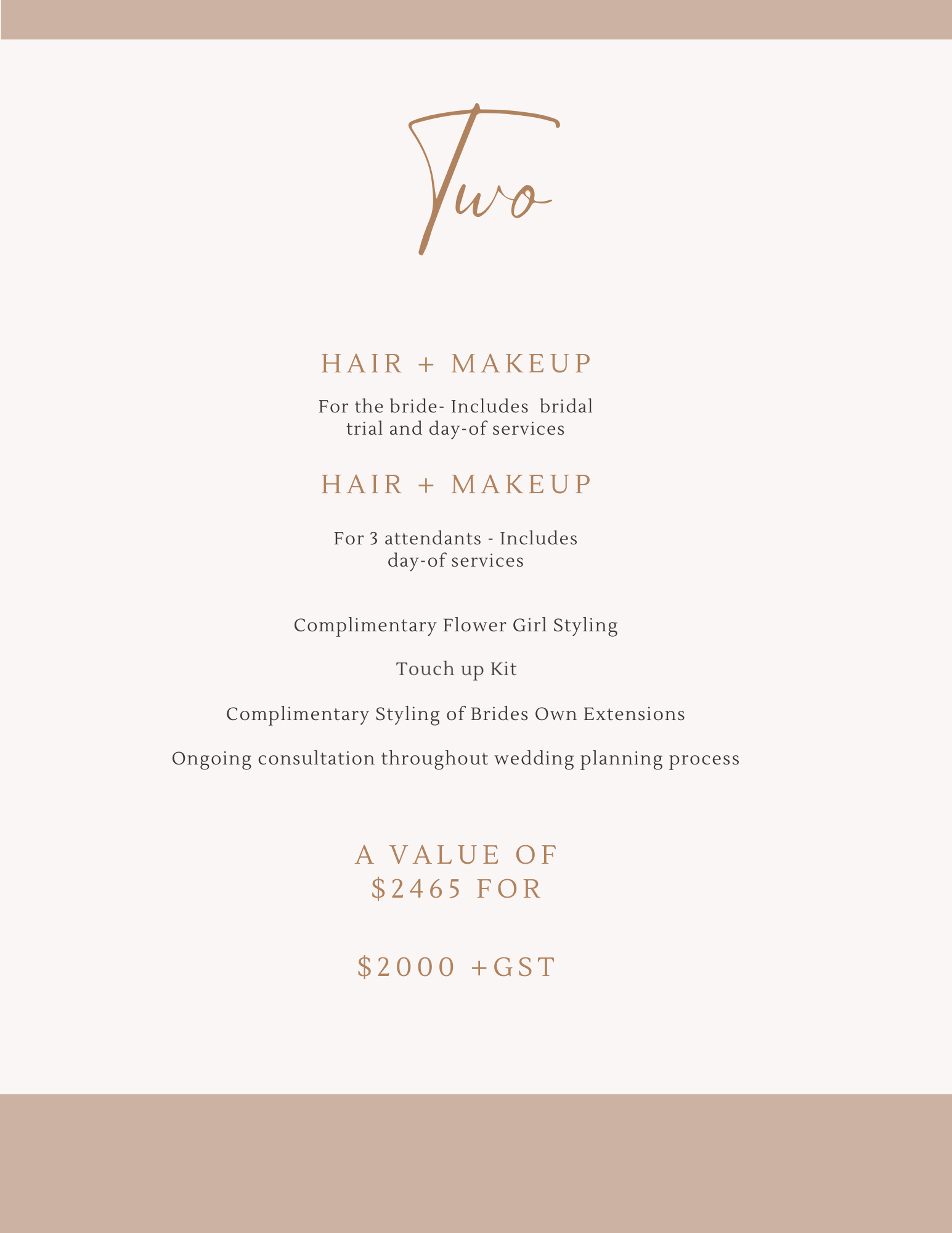 Wedding service package pricing details on a minimalistic, elegant design invite, with text about hair and makeup services for wedding events, including a gift and touch-up kit, with a total value of $2465.