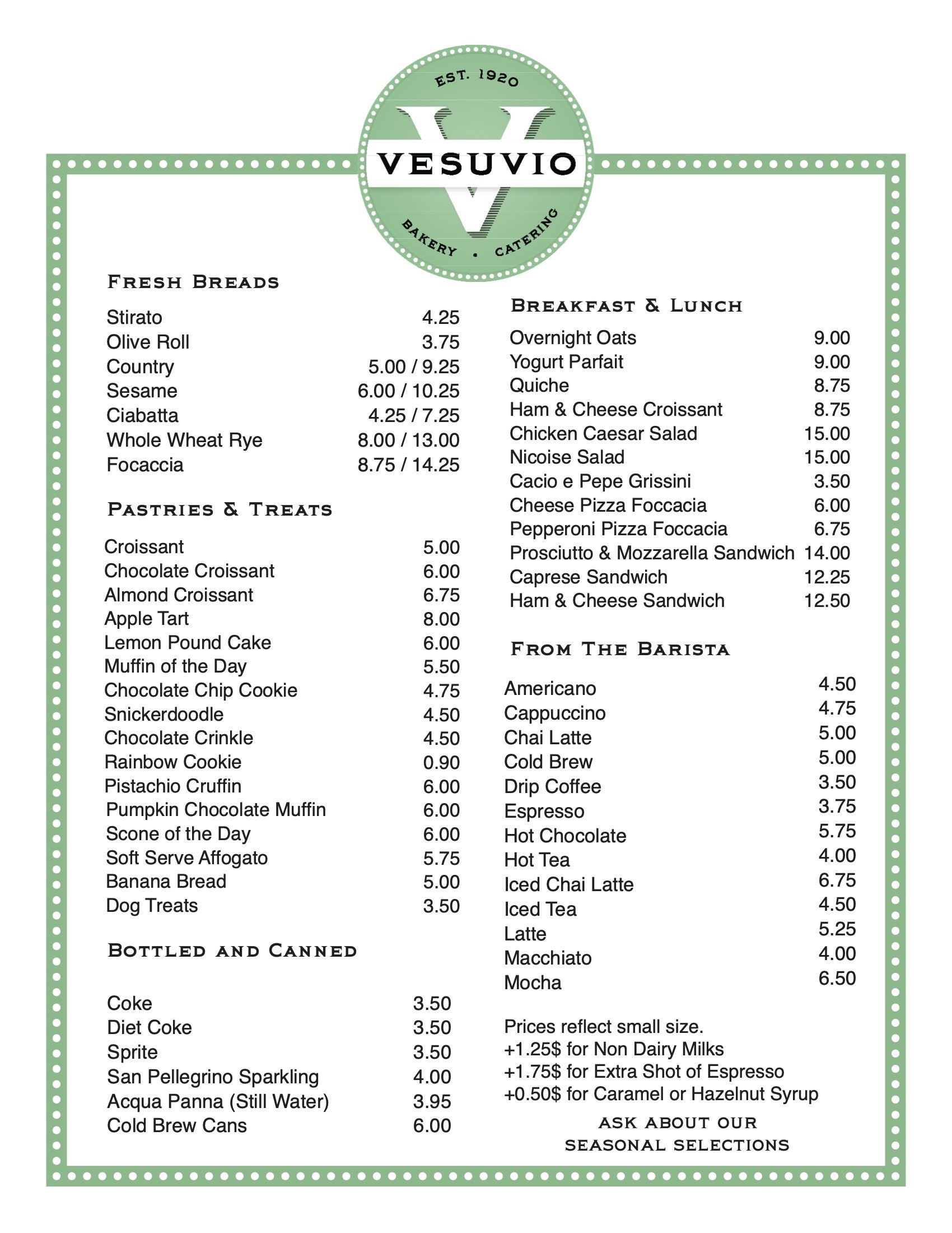 Browse our Menu — Vesuvio Bakery