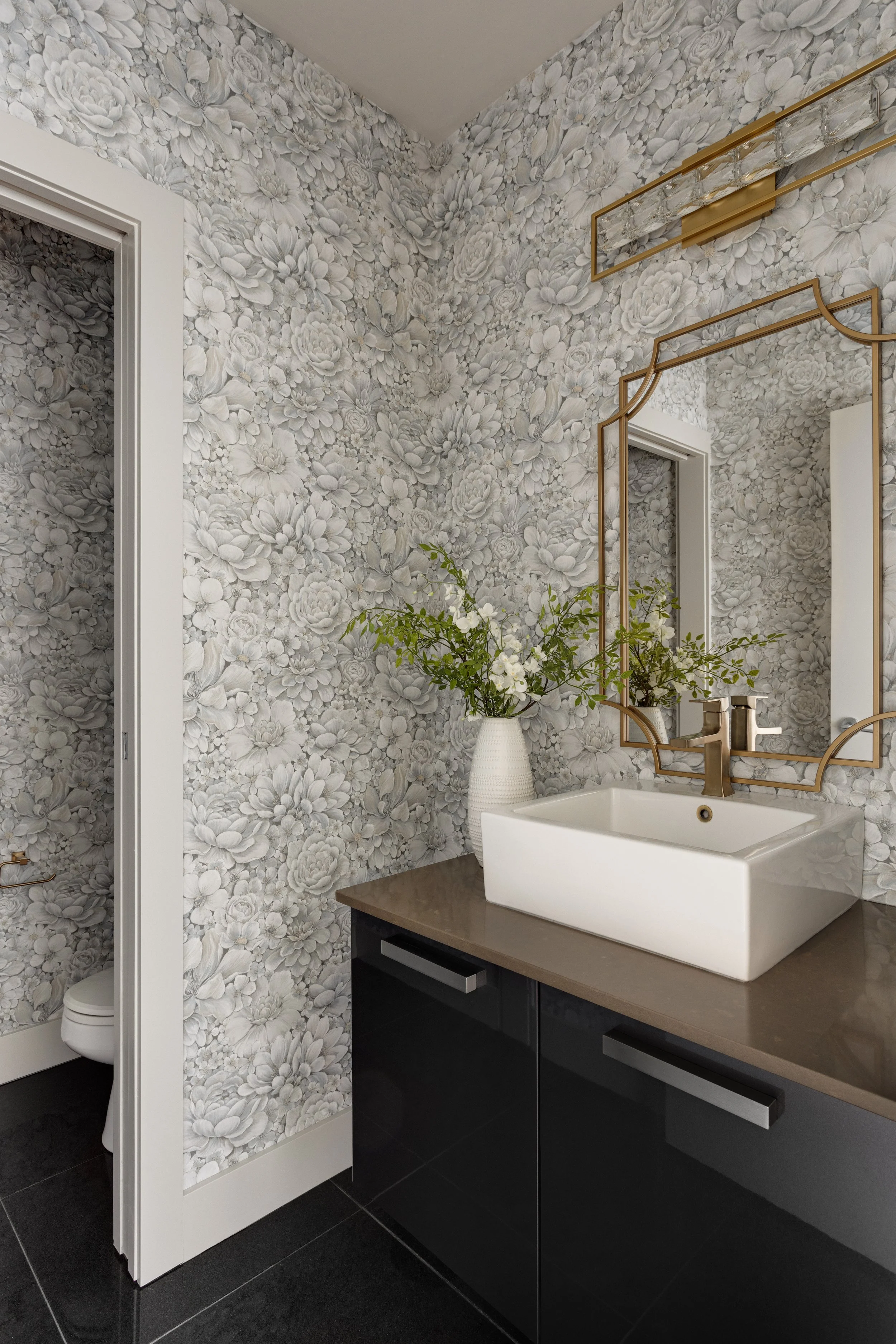Powder room refresh with new wallpaper.