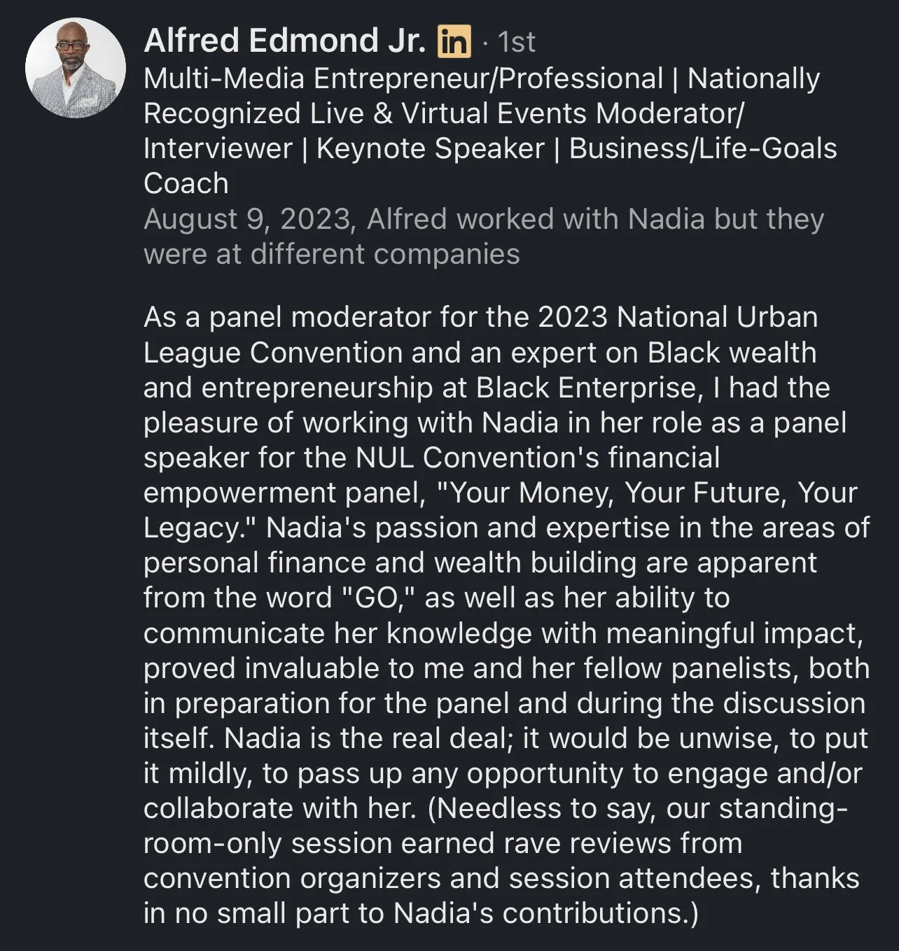 Screenshot of a LinkedIn profile of Alfred Edmond Jr., a multi-media entrepreneur and professional, including his profile photo, name, titles, and a detailed summary of his recent professional activities, including working with Nadia and participating in a panel discussion.