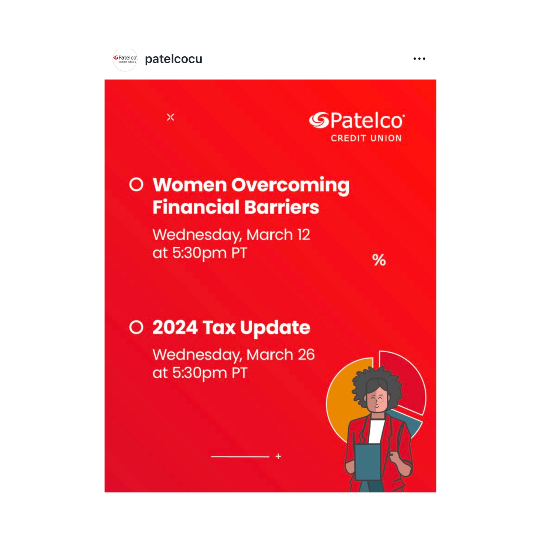 A promotional graphic for Patelco Credit Union featuring events on women overcoming financial barriers and a 2024 tax update, with dates, times, and a cartoon illustration of a woman holding a laptop on a red background.
