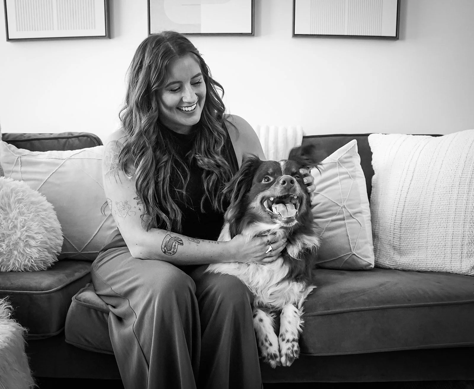 Girl with australian shepherd dog black and white