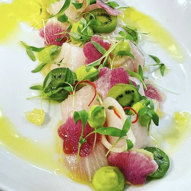 Hamachi crudo with watermelon radishes for Mill Valley catered event