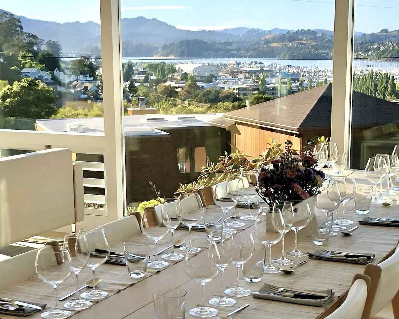 A table setting before a private event at a Sausalito, CA Airbnb rental