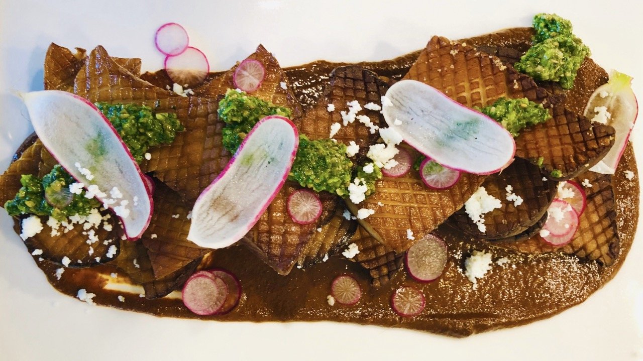 Mole with king trumpet mushrooms in Malibu