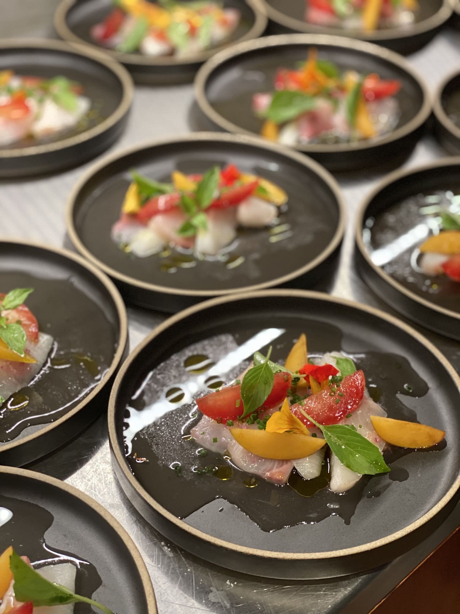 Wild halibut crudo with pluots for a Menlo Park fund raiser dinner