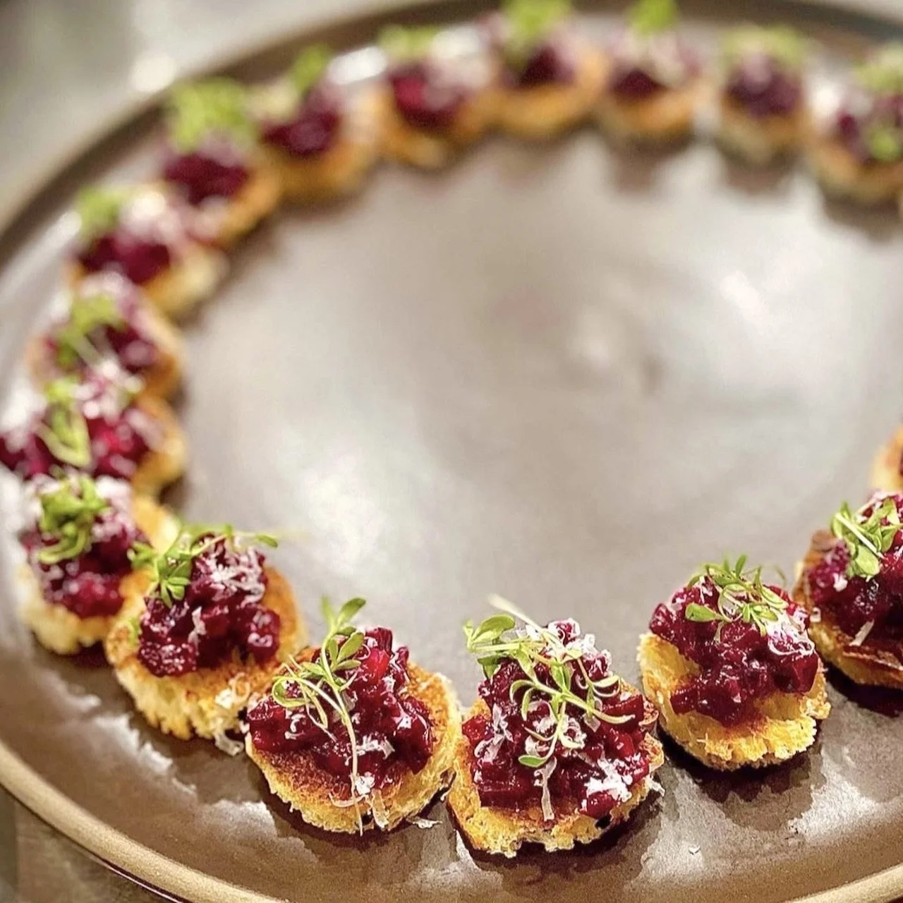 Beet tartare starters for a cocktail party in Pacific Palisades