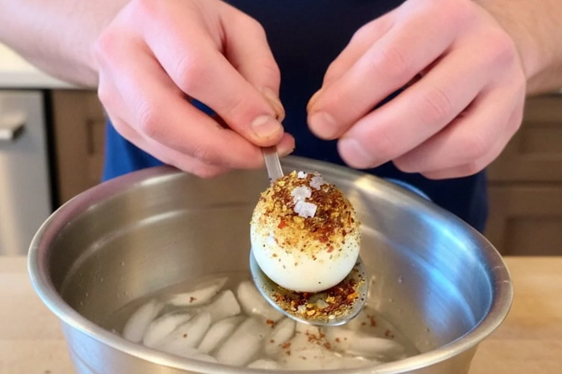 Chef Dan seasoning a soft cooked egg for a first course in Studio City
