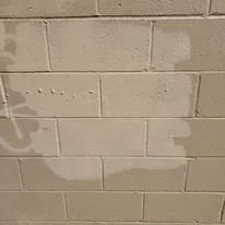 Scuffed and stained white brick wall with visible marks.