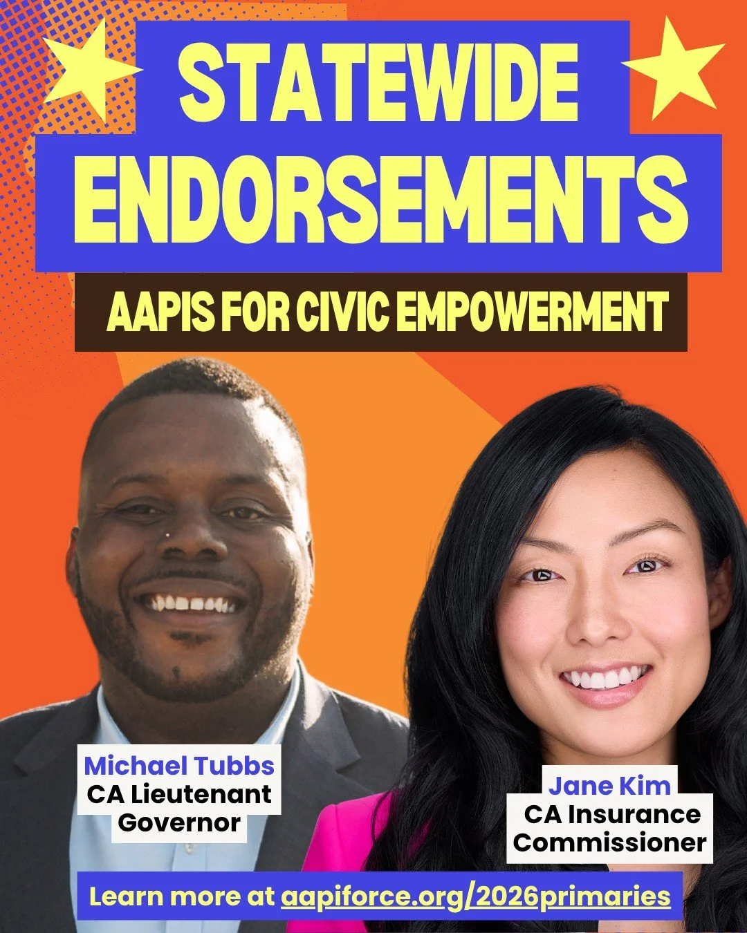 ⭐Our Statewide Endorsements ⭐
@michaeldtubbs : Michael Tubbs for Lieutenant Governor
@janekim : Jane Kim for Insurance Commissioner

Learn more about these candidates at www.aapiforce.org/2026primaries