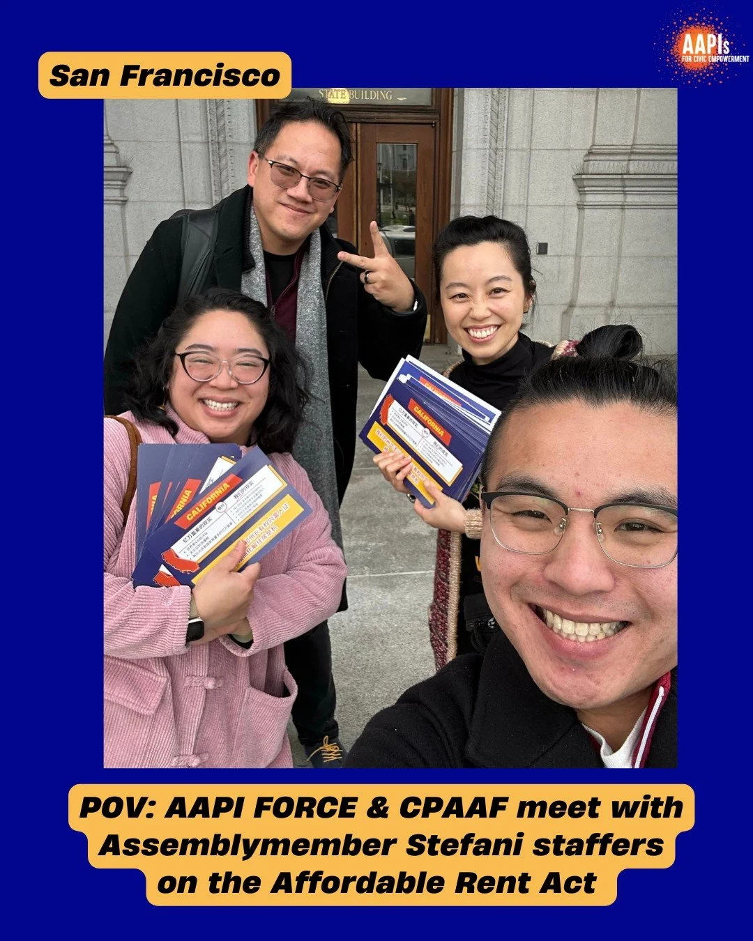 Urge @asmstefani to support the Affordable Rent Act (AB 1157)! 

Yesterday, AAPI FORCE and CPAAF met with her district office staff on the Affordable Rent Act, bringing postcards, youth survey data, member stories, and mom &amp; pop landlord voices t