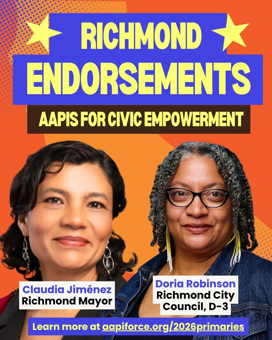 ⭐Our Richmond Endorsements ⭐
@claudiaformayor : Claudia Jim&eacute;nez for Richmond Mayor
@doria4richmond : Doria Robinson for Richmond City Council (D-3)

Learn more about these candidates at www.aapiforce.org/2026primaries