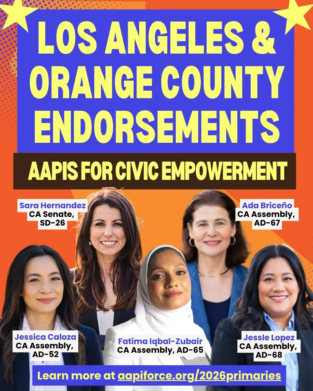 ⭐ Our Los Angeles &amp; Orange County Endorsements⭐

@fatimaiqbalzubair : Fatima Iqbal-Zubair for CA Assembly (AD-65)
@asmcaloza:Jessica Caloza for CA Assembly (AD-52)
@sarahernandez.26 : Sara Hernandez for CA State Senate (SD-26)
@adabriceno : Ada B