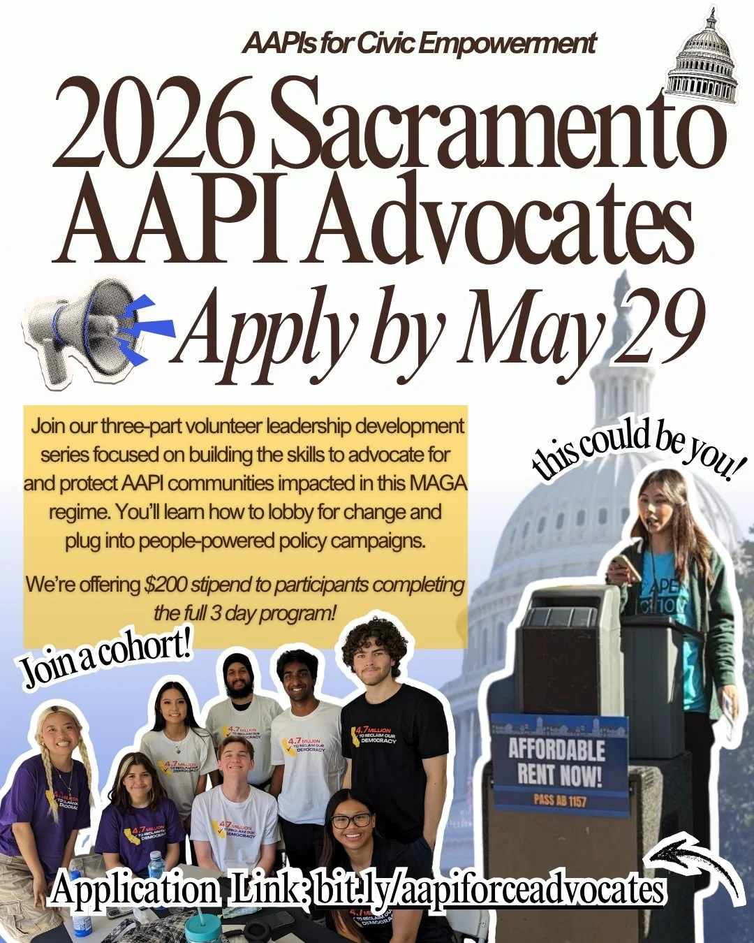 ✨This is your sign to apply to our 2026 Sacramento AAPI Advocates program ✨

Want to fight back against fascist attacks on our communities but not sure how to start? Join our three-part volunteer leadership development series focused on building the 