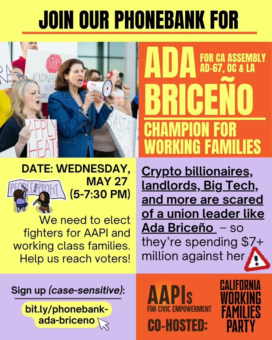 AAPI FORCE and @caworkingfamiliesparty  are co-hosting a phonebank for  @adabriceno on Wednesday, May 27 from 5-7:30! 📣

We need to elect fighters for AAPI and working class families. Help us reach voters during this June Primary! ✊

Ada is a WFP ch