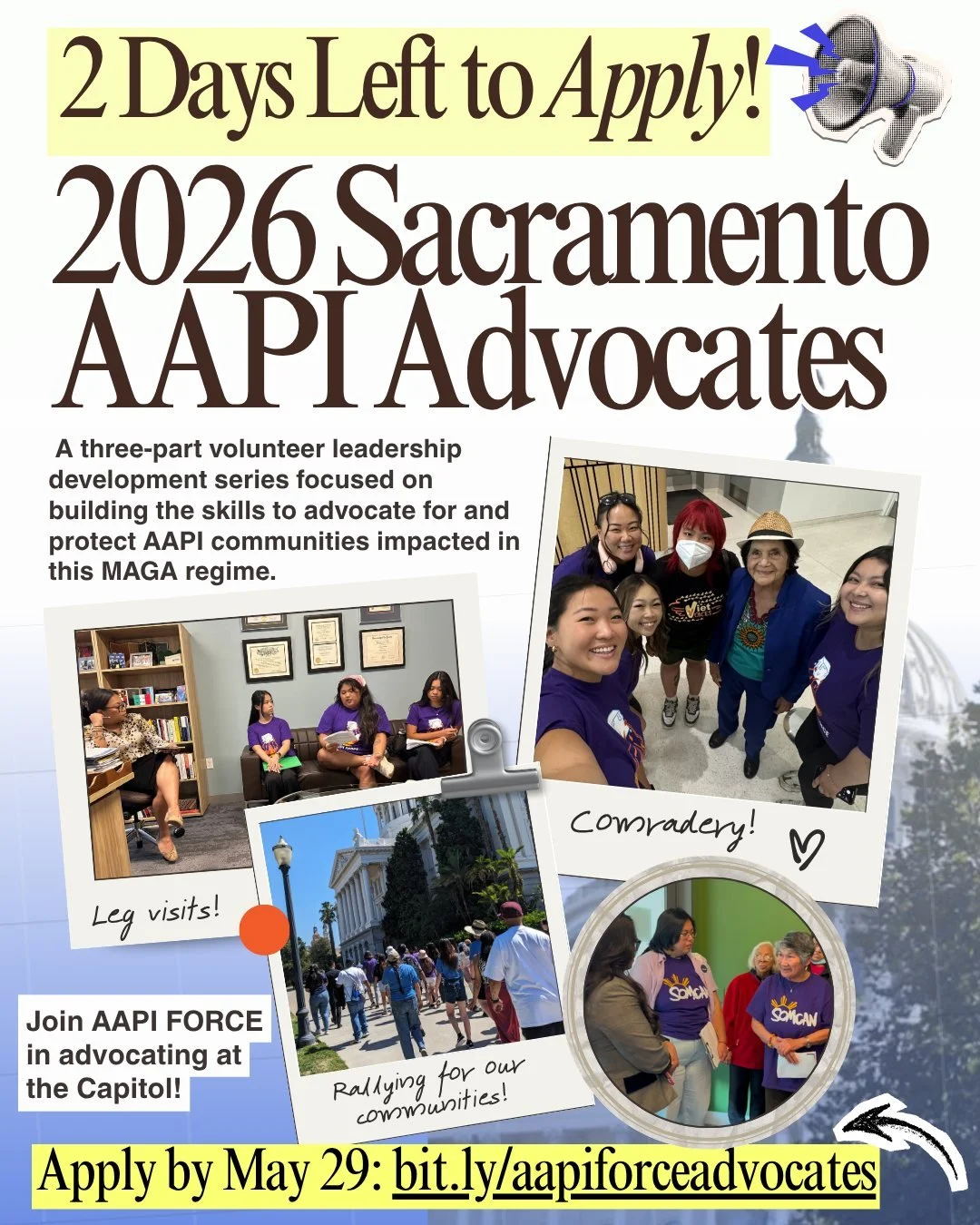 📣 2 MORE DAYS TO APPLY 📣

Our communities deserve people willing to fight for them! You are that person 🫵

Join us in building the skills to lobby, tell our stories, and push for real change ✊

No experience needed! We will be offering a $200 Stip