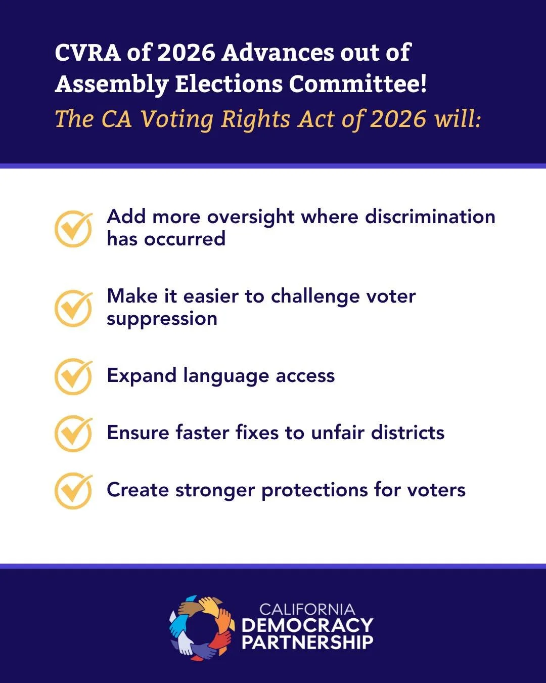 📣 UPDATE: The California Voting Rights Act of 2026 (SB 1164 and SB 1360) authored by @senatorcervantes  and sponsored by the @cademocracypartnership advanced out of the Assembly Elections Committee today. The CVRA of 26 is one step closer to the Gov
