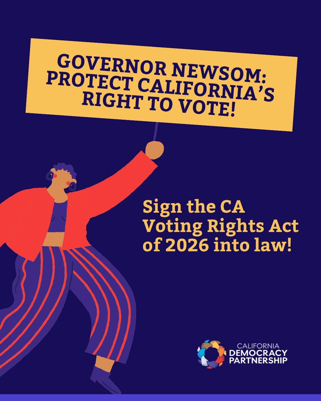 California voters deserve stronger protections NOW. We're joining our partners at the CA Democracy Partnership and Senator Cervantes to call on @GavinNewsom
 to sign the CVRA of 2026. This is our chance to strengthen our state's nation-leading voter 