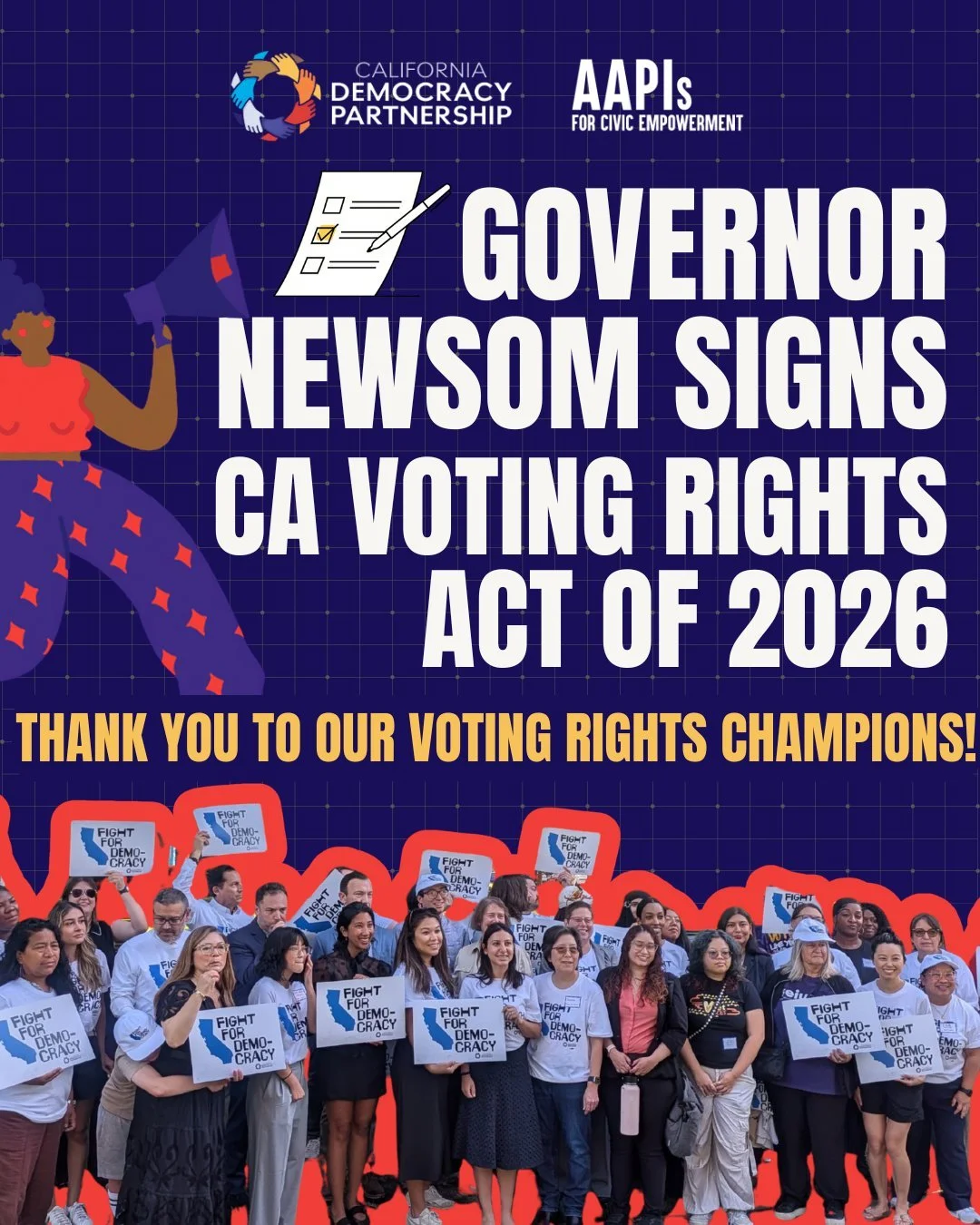 🎉 California Voters gained new protections with the signing of the CA Voting Rights Act  of 2026 🎉

Thank you @cagovernor for signing  #SB1164 and #SB1360  to protect our votes! The CVRA of 2026 will create safeguards that will protect against vote