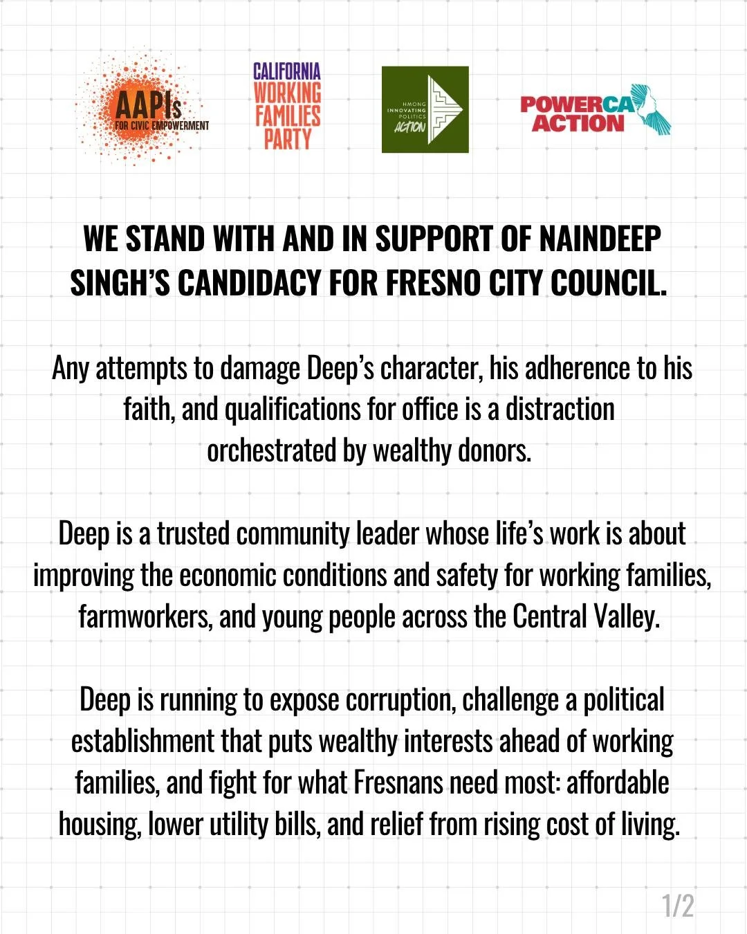 We stand with and in support of Naindeep Singh&rsquo;s candidacy for Fresno City Council @deep4fresno! Deep is a trusted community leader whose life&rsquo;s work is about improving the economic conditions and safety for working families, farmworkers,