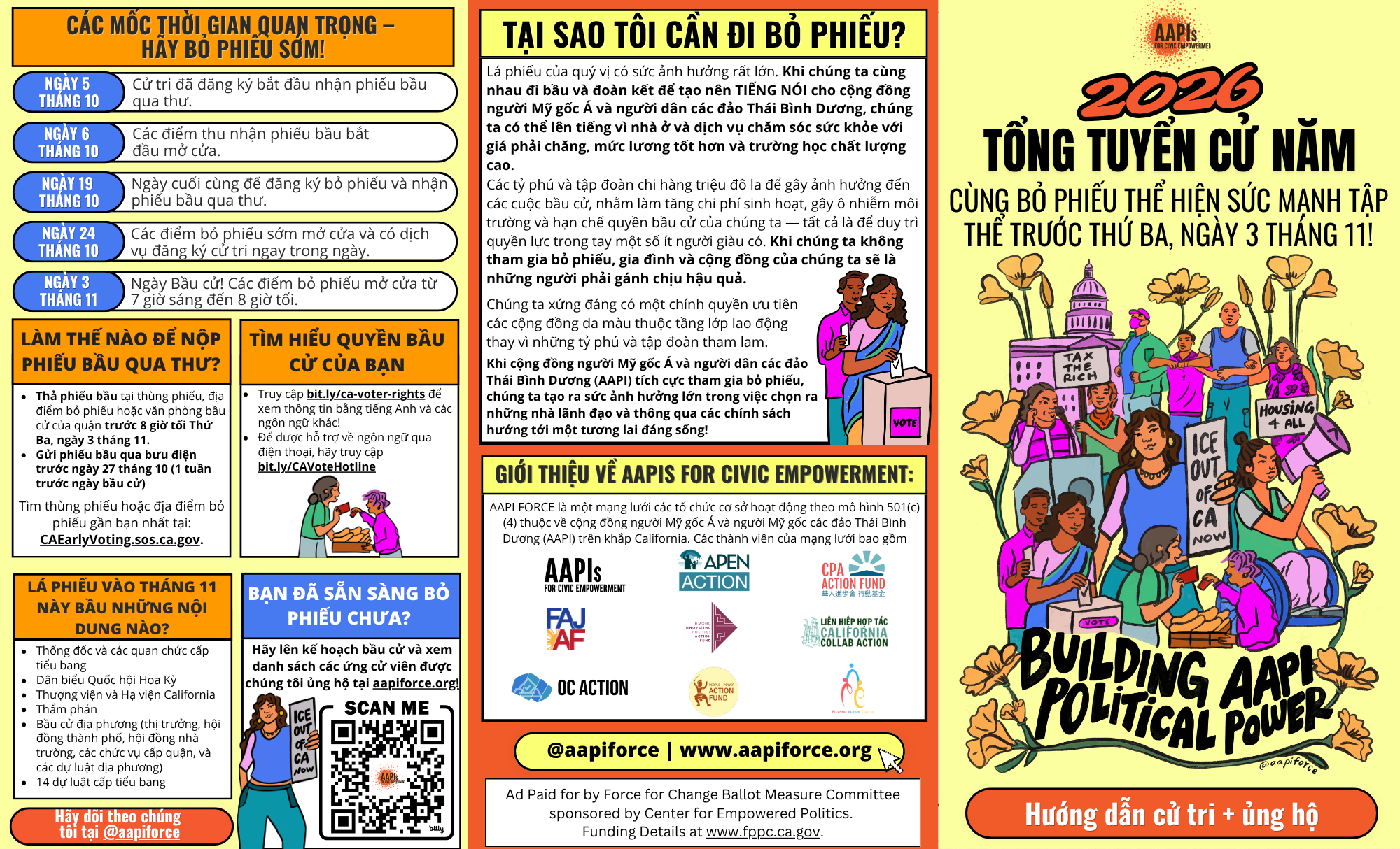 A colorful flyer encouraging early voting for the 2026 elections, emphasizing the importance of voting, with images of diverse people at a protest holding signs that say 'VOTE', 'TAX THE RICH', 'HOUSING FOR ALL', and 'ICE OUT OF CA'.