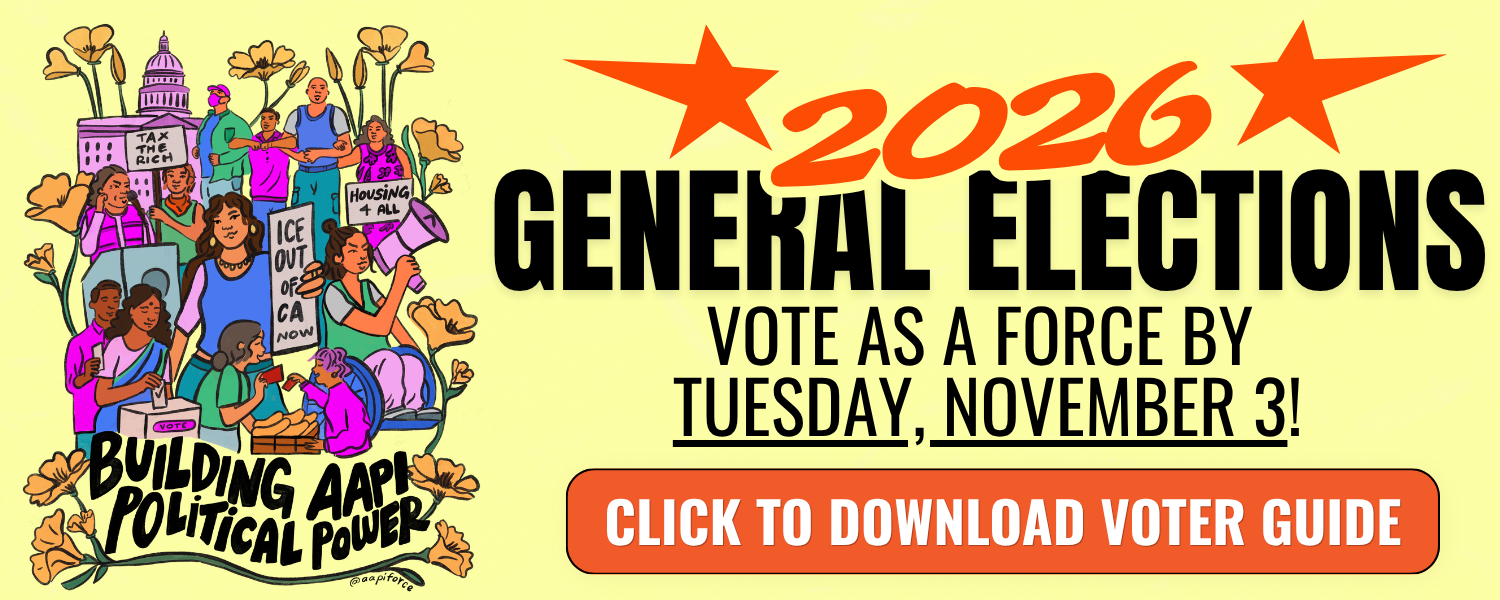 Illustration for 2026 general elections with people holding signs about taxing the rich, housing, and voting, surrounded by flowers, with a bold text promoting voting by November 3 and a button to download a voter guide.
